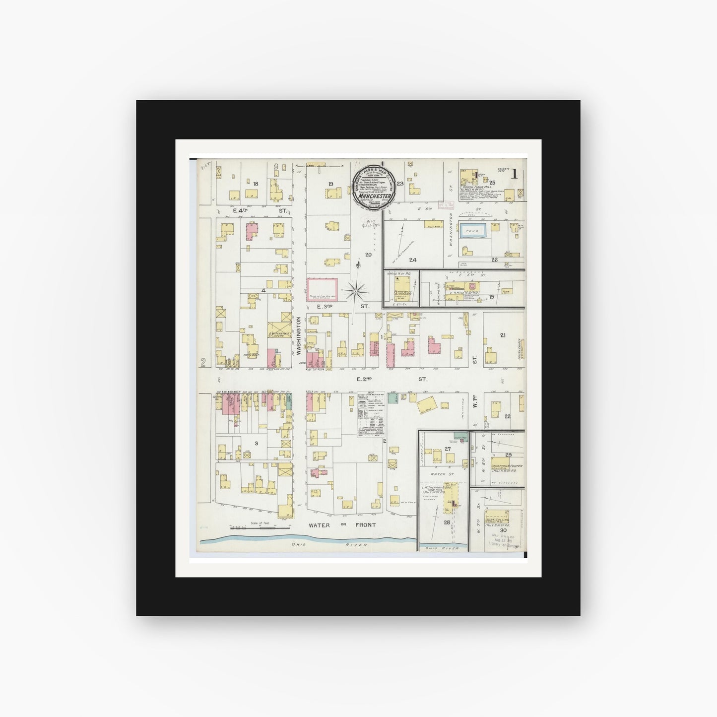 Old map wall art mockup — black gallery frame with white mat — Sanborn Fire Insurance Map from Manchester, Adams County, Ohio (1892), Sheet #0001