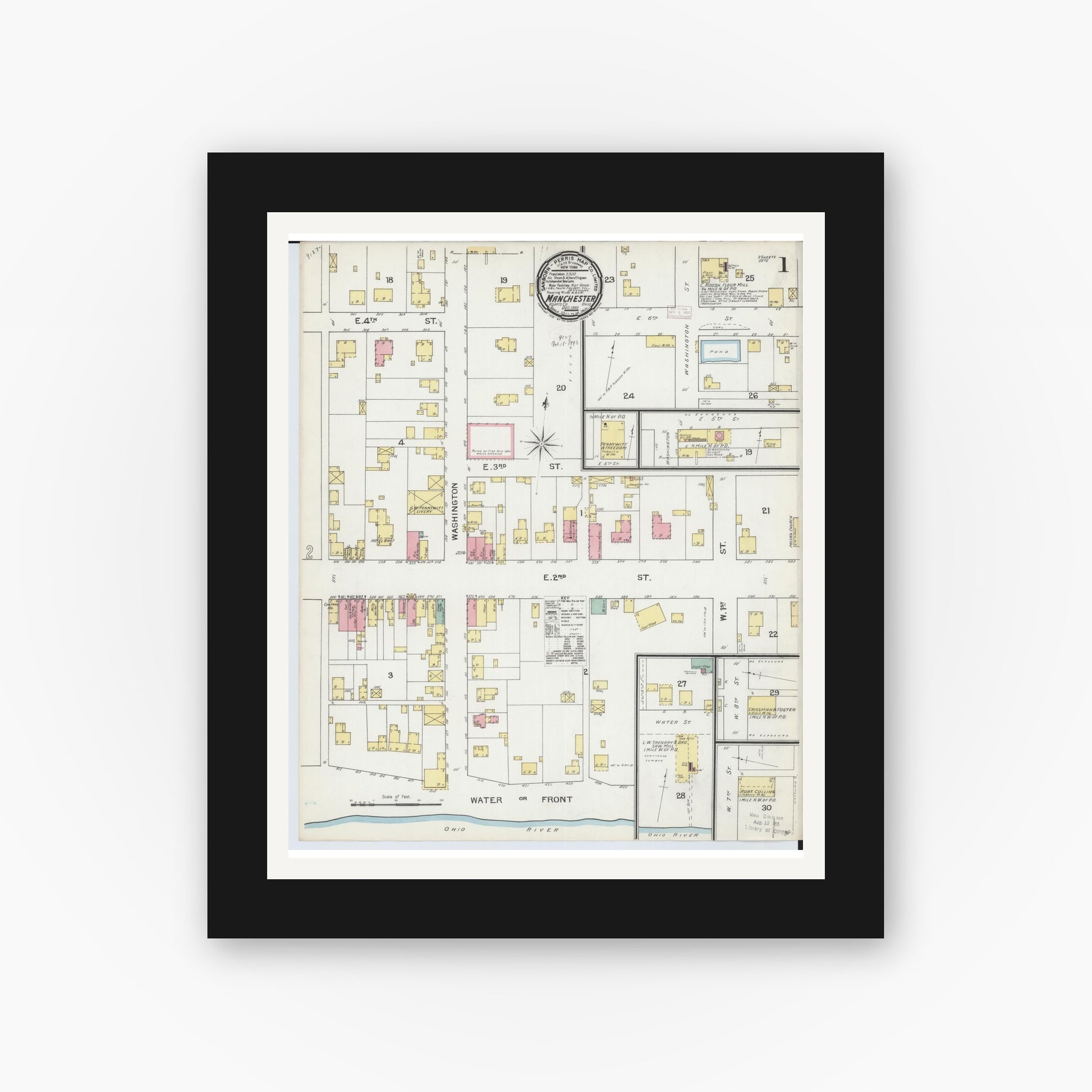 Old map wall art mockup — black gallery frame with white mat — Sanborn Fire Insurance Map from Manchester, Adams County, Ohio (1892), Sheet #0001