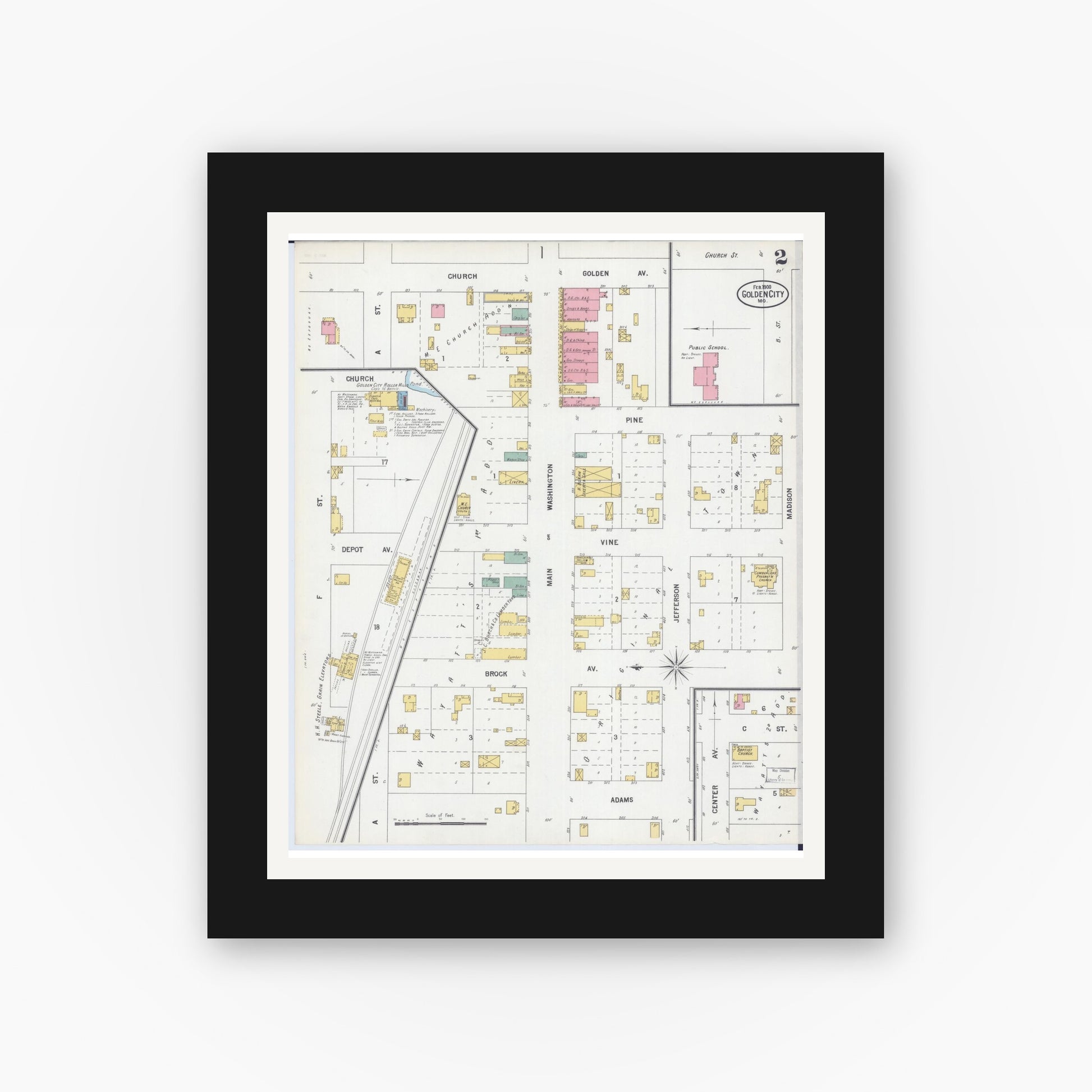 Old map wall art mockup — black gallery frame with white mat — Sanborn Fire Insurance Map from Golden City, Barton County, Missouri (1900), Sheet #0002