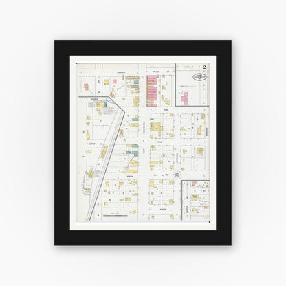 Old map wall art mockup — black gallery frame with white mat — Sanborn Fire Insurance Map from Golden City, Barton County, Missouri (1900), Sheet #0002