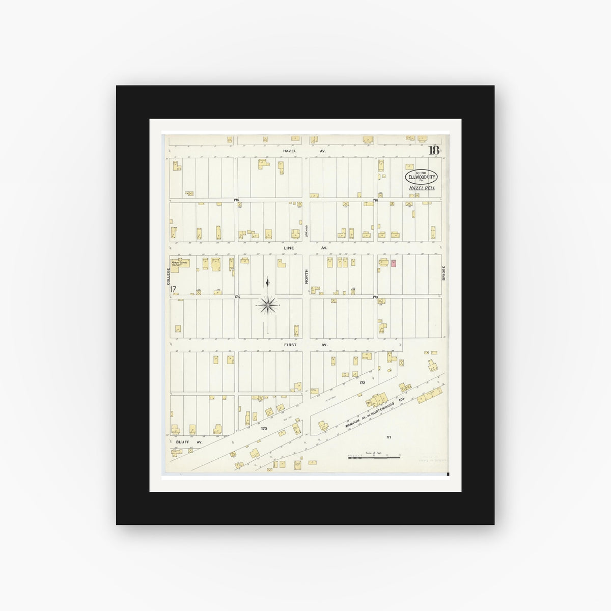 Old map wall art mockup — black gallery frame with white mat — Sanborn Fire Insurance Map from Ellwood City, Lawrence County, Pennsylvania (1908), Sheet #0018