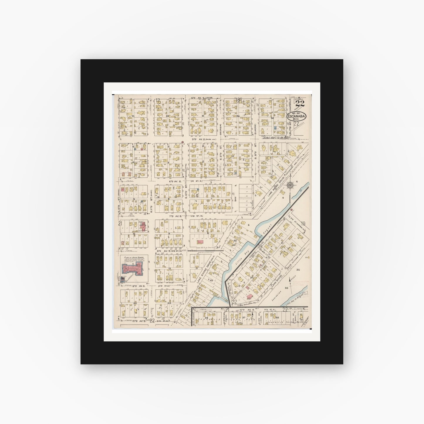 Old map wall art mockup — black gallery frame with white mat — Sanborn Fire Insurance Map from Escanaba, Delta County, Michigan (1921), Sheet #0022