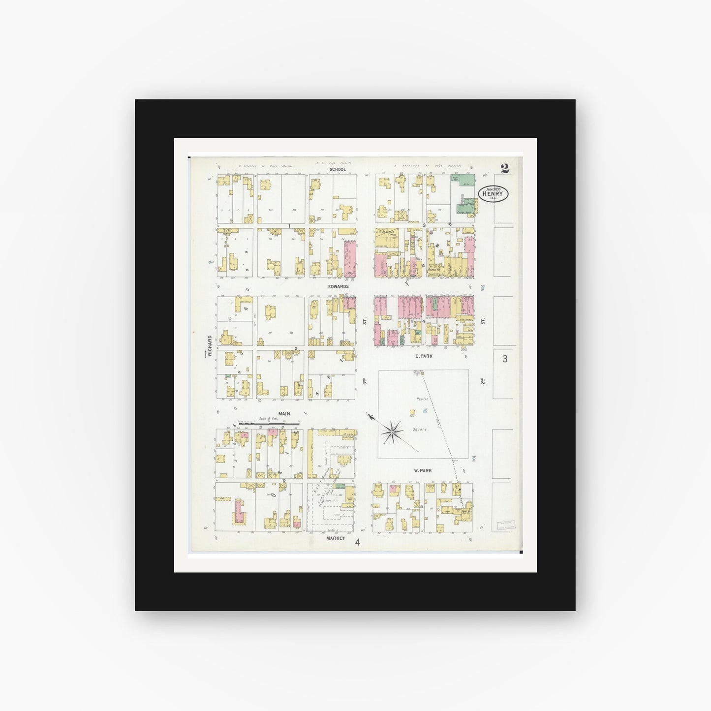 Old map wall art mockup — black gallery frame with white mat — Sanborn Fire Insurance Map from Henry, Marshall County, Illinois (1899), Sheet #0002