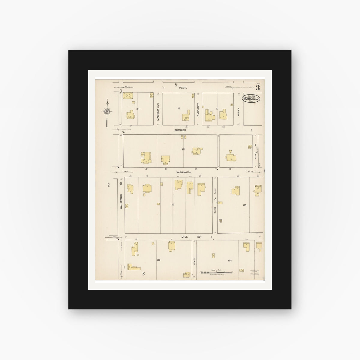 Old map wall art mockup — black gallery frame with white mat — Sanborn Fire Insurance Map from Monticello, Jefferson County, Florida (1922), Sheet #0003
