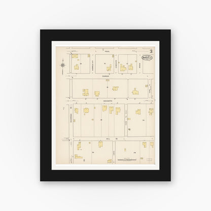Old map wall art mockup — black gallery frame with white mat — Sanborn Fire Insurance Map from Monticello, Jefferson County, Florida (1922), Sheet #0003
