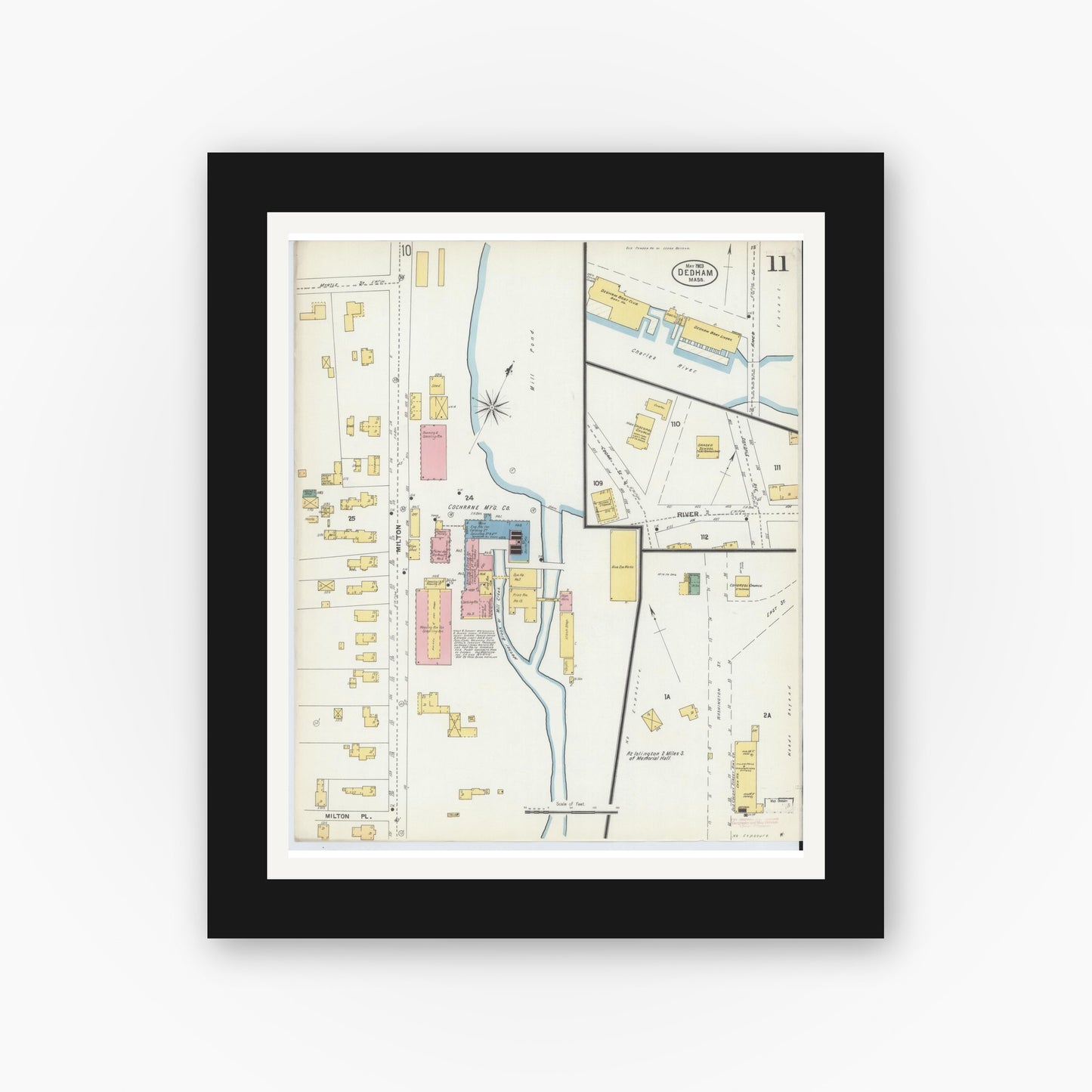 Old map wall art mockup — black gallery frame with white mat — Sanborn Fire Insurance Map from Dedham, Norfolk County, Massachusetts (1903), Sheet #0011