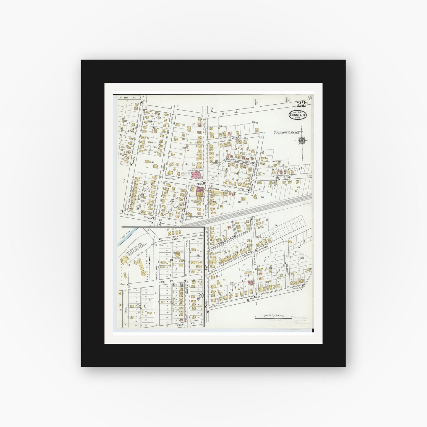 Old map wall art mockup — black gallery frame with white mat — Sanborn Fire Insurance Map from Conneaut, Ashtabula County, Ohio (1919), Sheet #0022