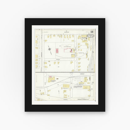 Old map wall art mockup — black gallery frame with white mat — Sanborn Fire Insurance Map from Fayetteville, Cumberland County, North Carolina (1914), Sheet #0013