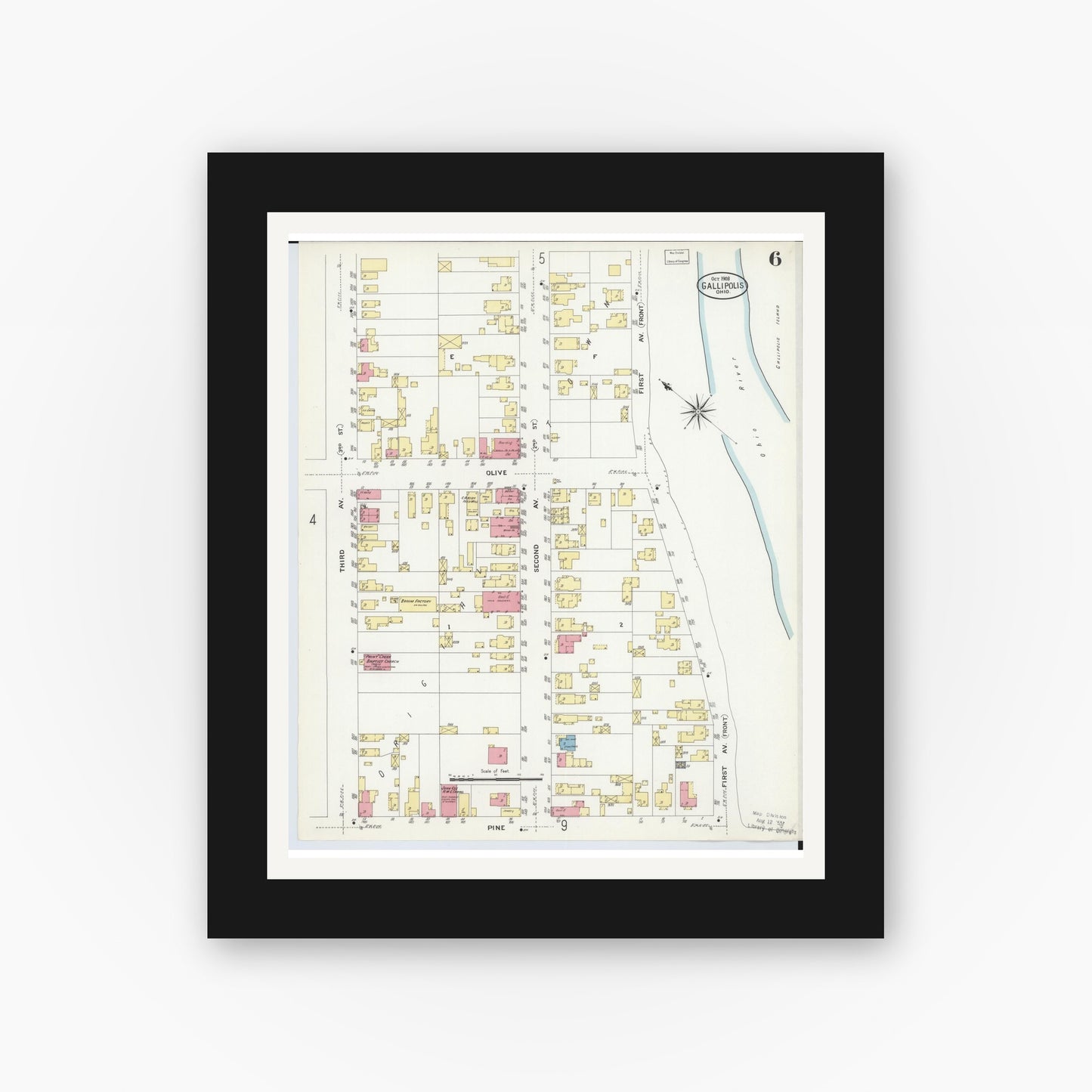 Old map wall art mockup — black gallery frame with white mat — Sanborn Fire Insurance Map from Gallipolis, Gallia County, Ohio (1908), Sheet #0006