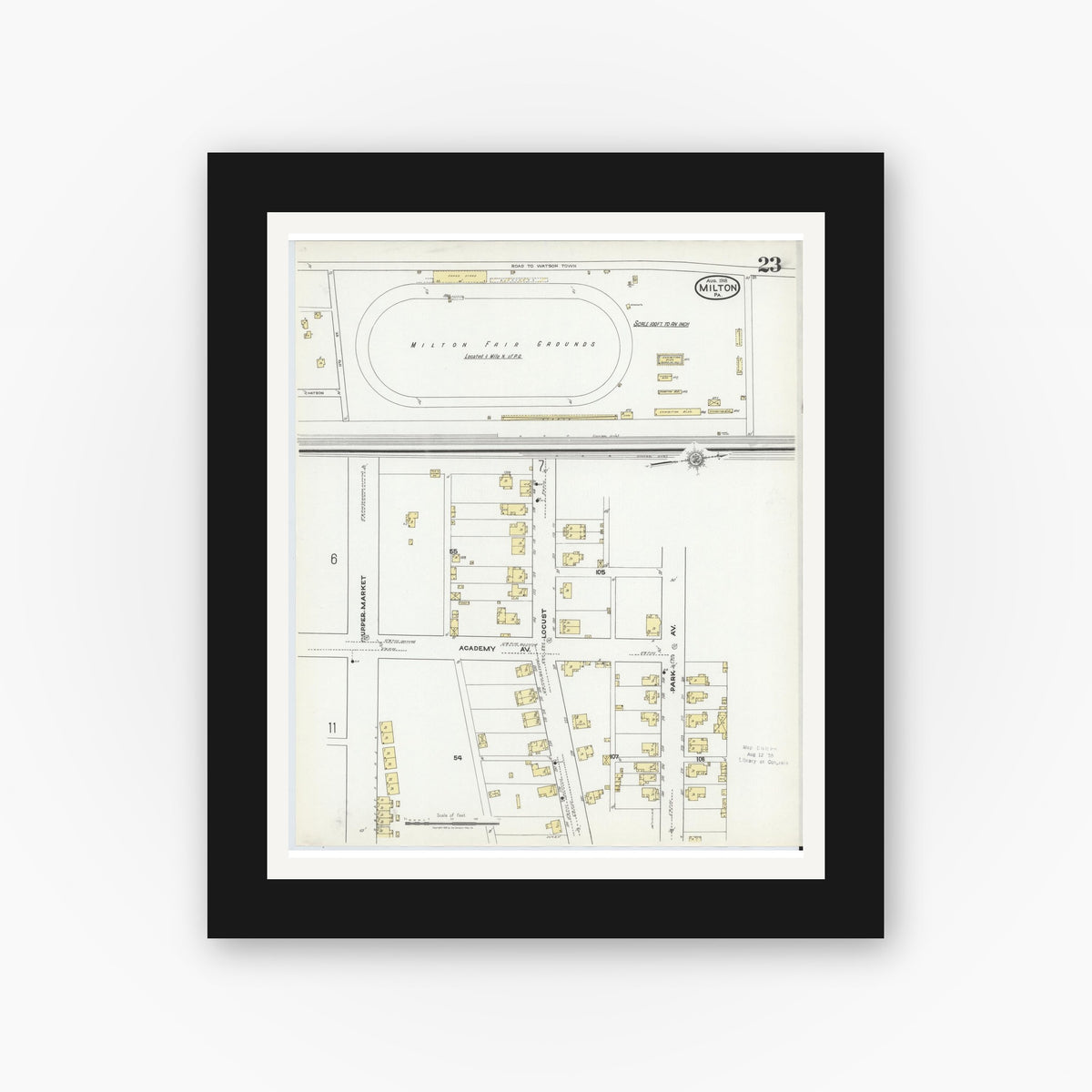 Old map wall art mockup — black gallery frame with white mat — Sanborn Fire Insurance Map from Milton, Northumberland County, Pennsylvania (1918), Sheet #0023