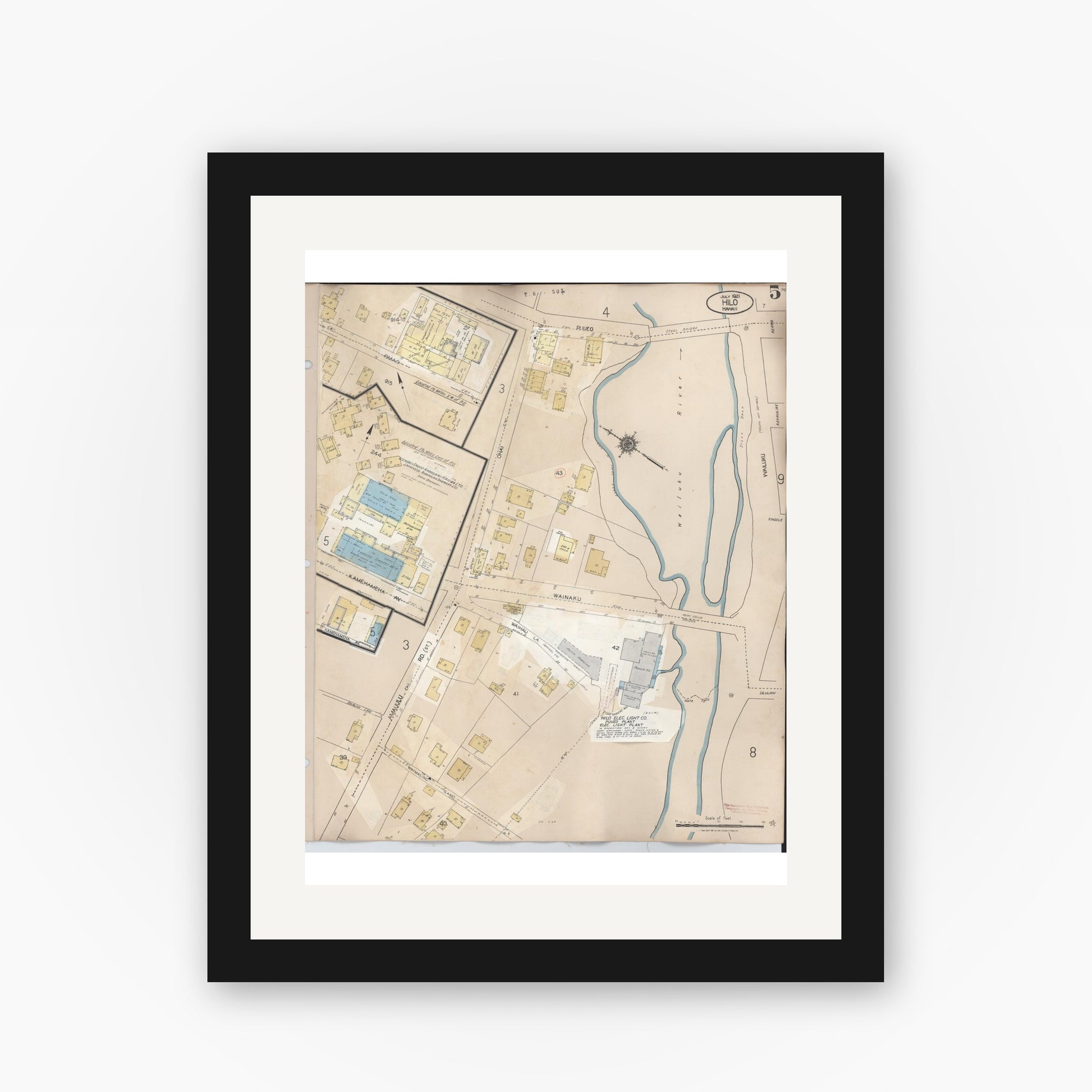 Old map wall art mockup — black gallery frame with white mat — Sanborn Fire Insurance Map from Hilo, Hawaii County, Hawaii (1957), Sheet #0005