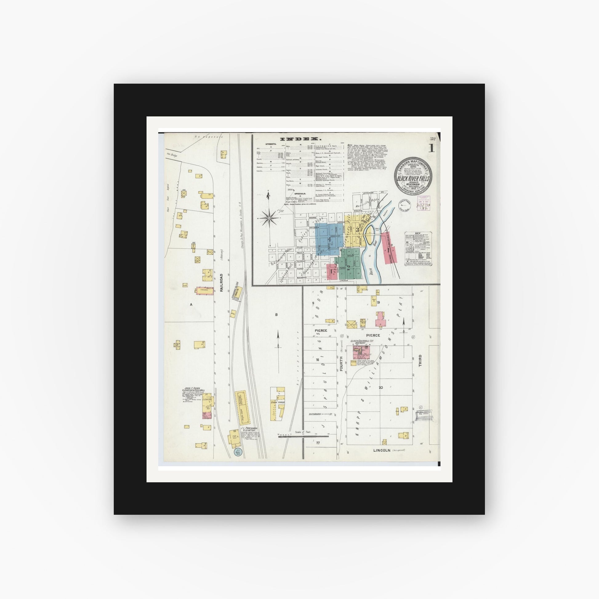 Old map wall art mockup — black gallery frame with white mat — Sanborn Fire Insurance Map from Black River Falls, Jackson County, Wisconsin (1902) - Complete Map Set