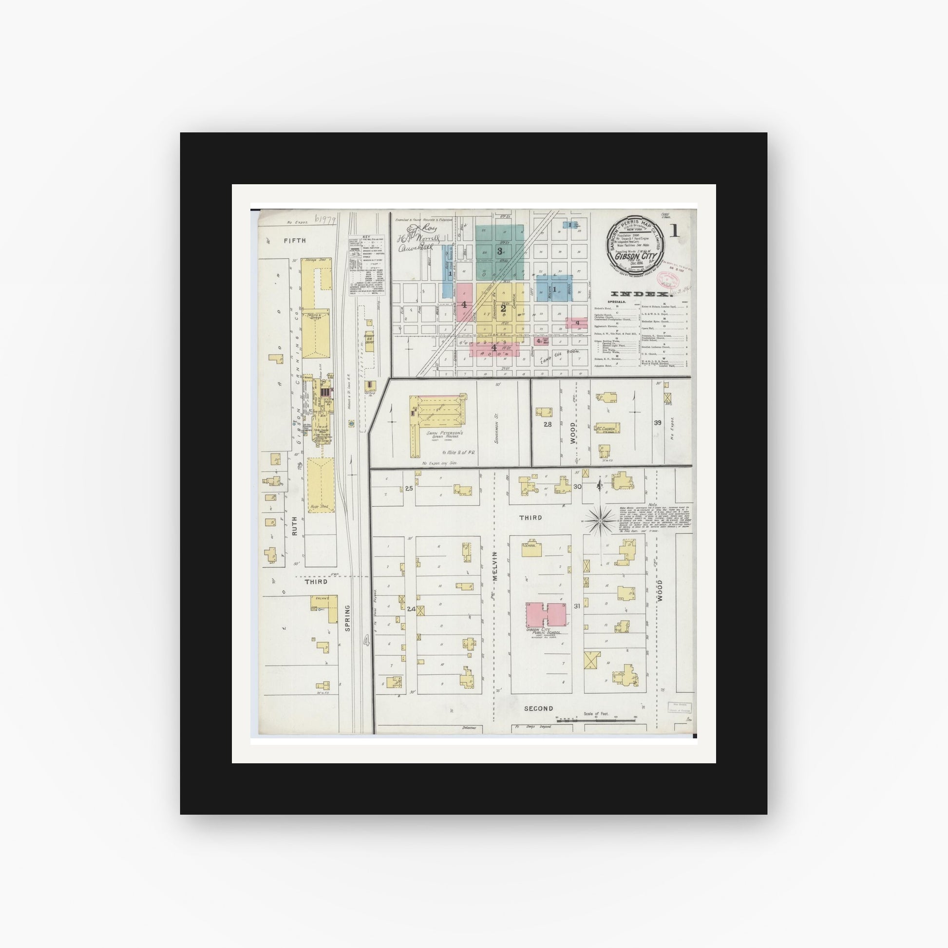 Old map wall art mockup — black gallery frame with white mat — Sanborn Fire Insurance Map from Gibson City, Ford County, Illinois (1894) - Complete Map Set