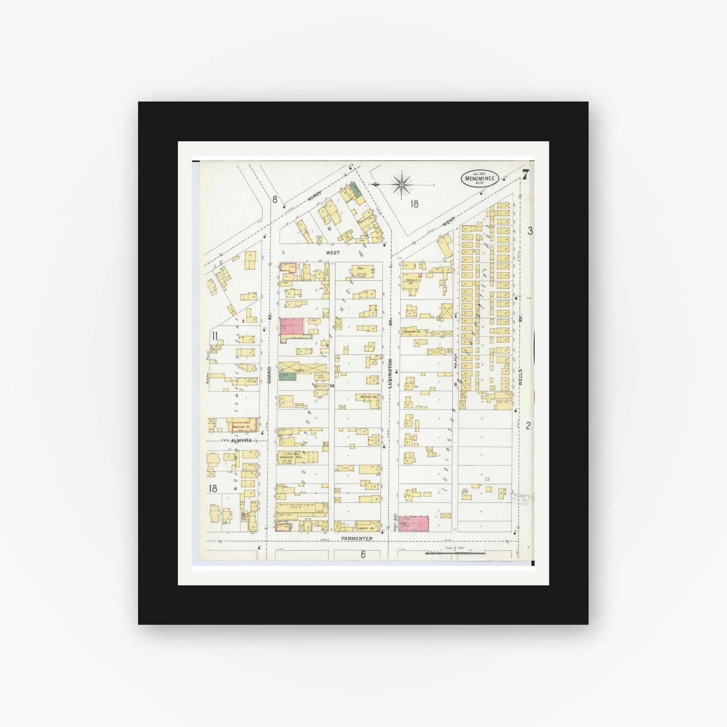 Old map wall art mockup — black gallery frame with white mat — Sanborn Fire Insurance Map from Menominee, Menominee County, Michigan (1901), Sheet #0007