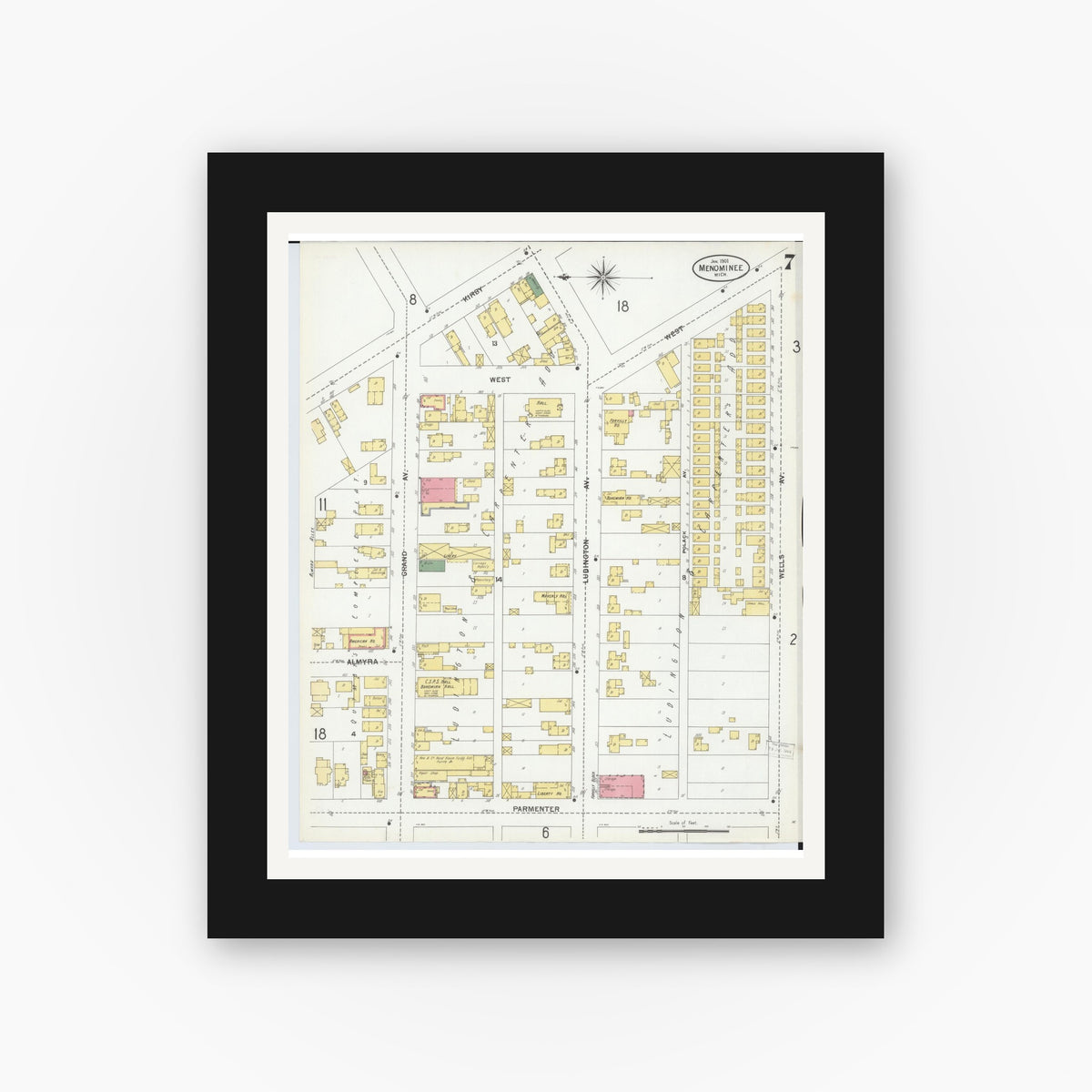 Old map wall art mockup — black gallery frame with white mat — Sanborn Fire Insurance Map from Menominee, Menominee County, Michigan (1901), Sheet #0007