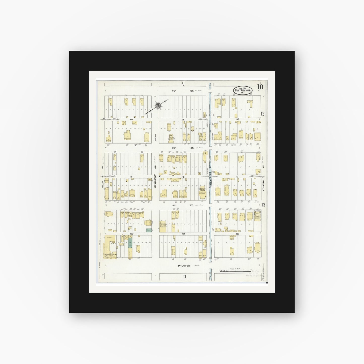 Old map wall art mockup — black gallery frame with white mat — Sanborn Fire Insurance Map from Port Arthur, Jefferson County, Texas (1910), Sheet #0010