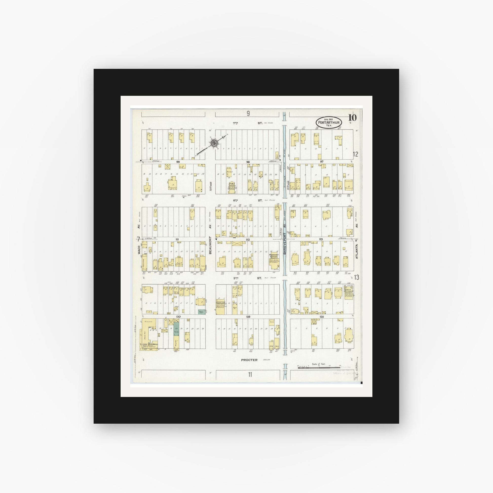 Old map wall art mockup — black gallery frame with white mat — Sanborn Fire Insurance Map from Port Arthur, Jefferson County, Texas (1910), Sheet #0010