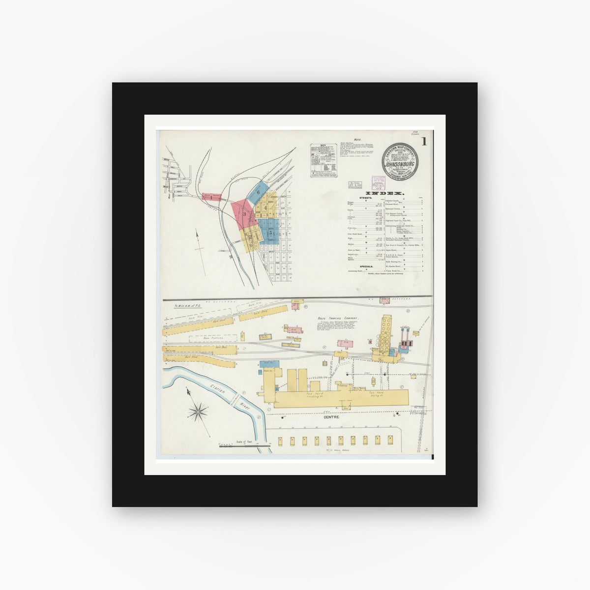 Old map wall art mockup — black gallery frame with white mat — Sanborn Fire Insurance Map from Johnsonburg, Elk County, Pennsylvania (1904) - Complete Map Set