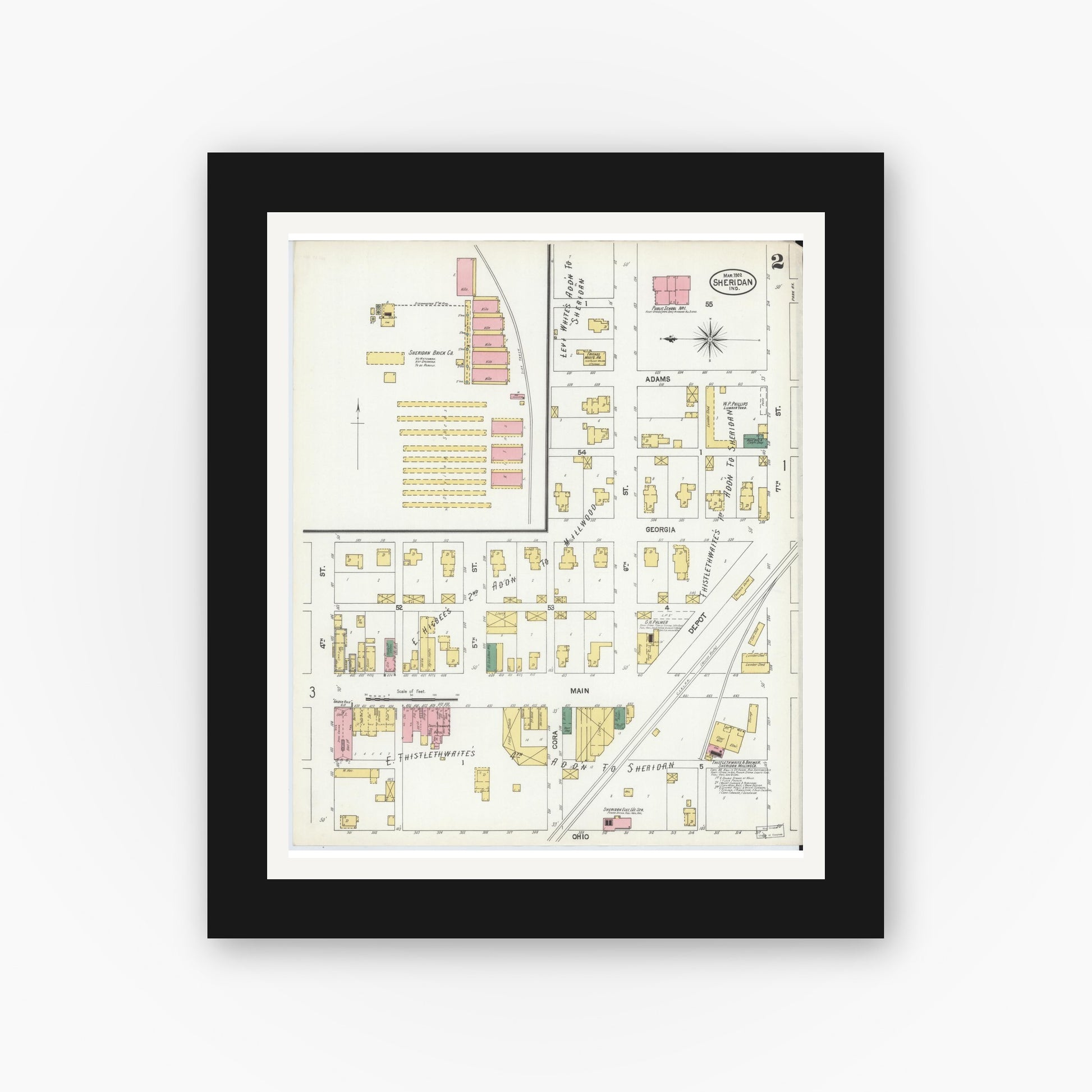 Old map wall art mockup — black gallery frame with white mat — Sanborn Fire Insurance Map from Sheridan, Hamilton County, Indiana (1902), Sheet #0002