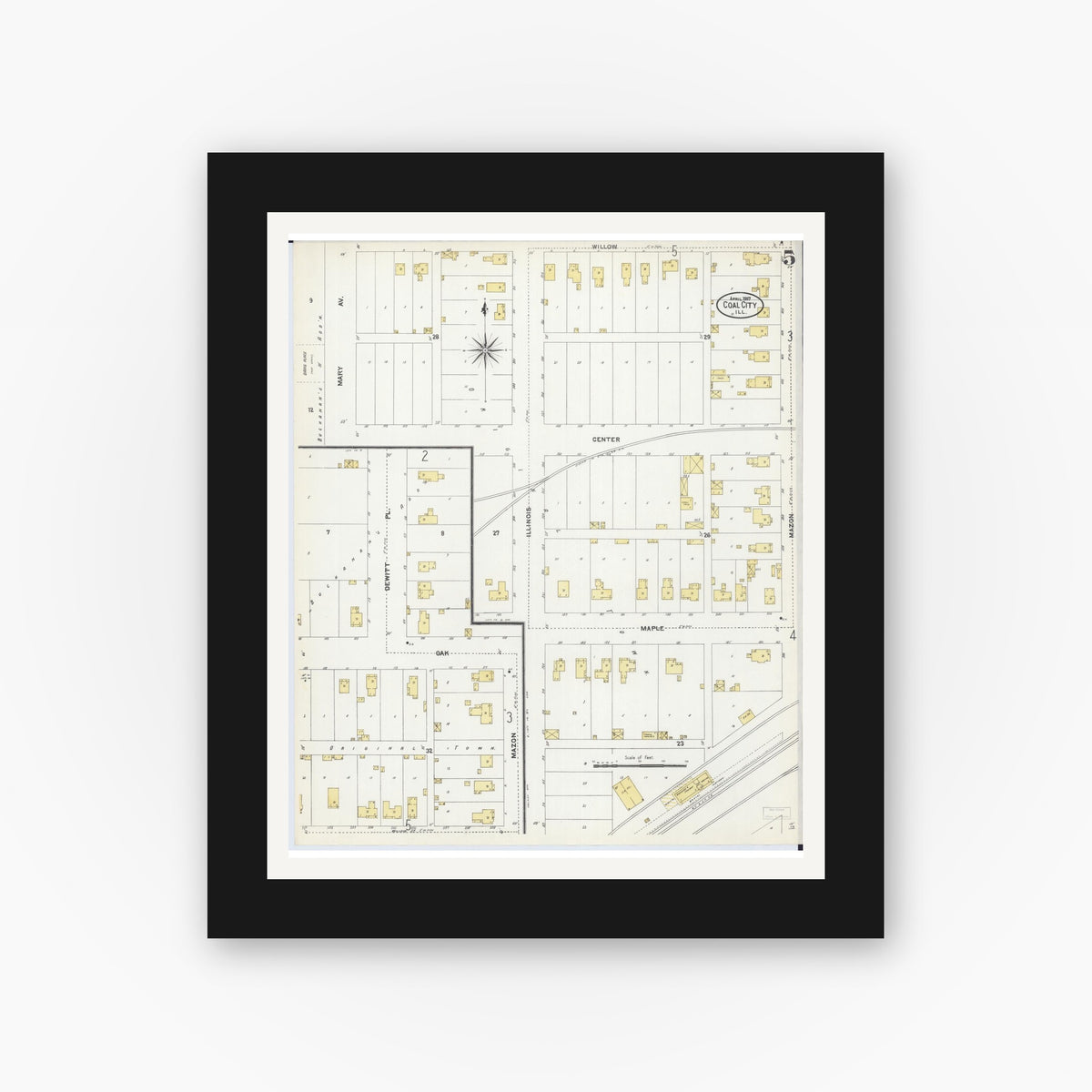 Old map wall art mockup — black gallery frame with white mat — Sanborn Fire Insurance Map from Coal City, Grundy County, Illinois (1907), Sheet #0005