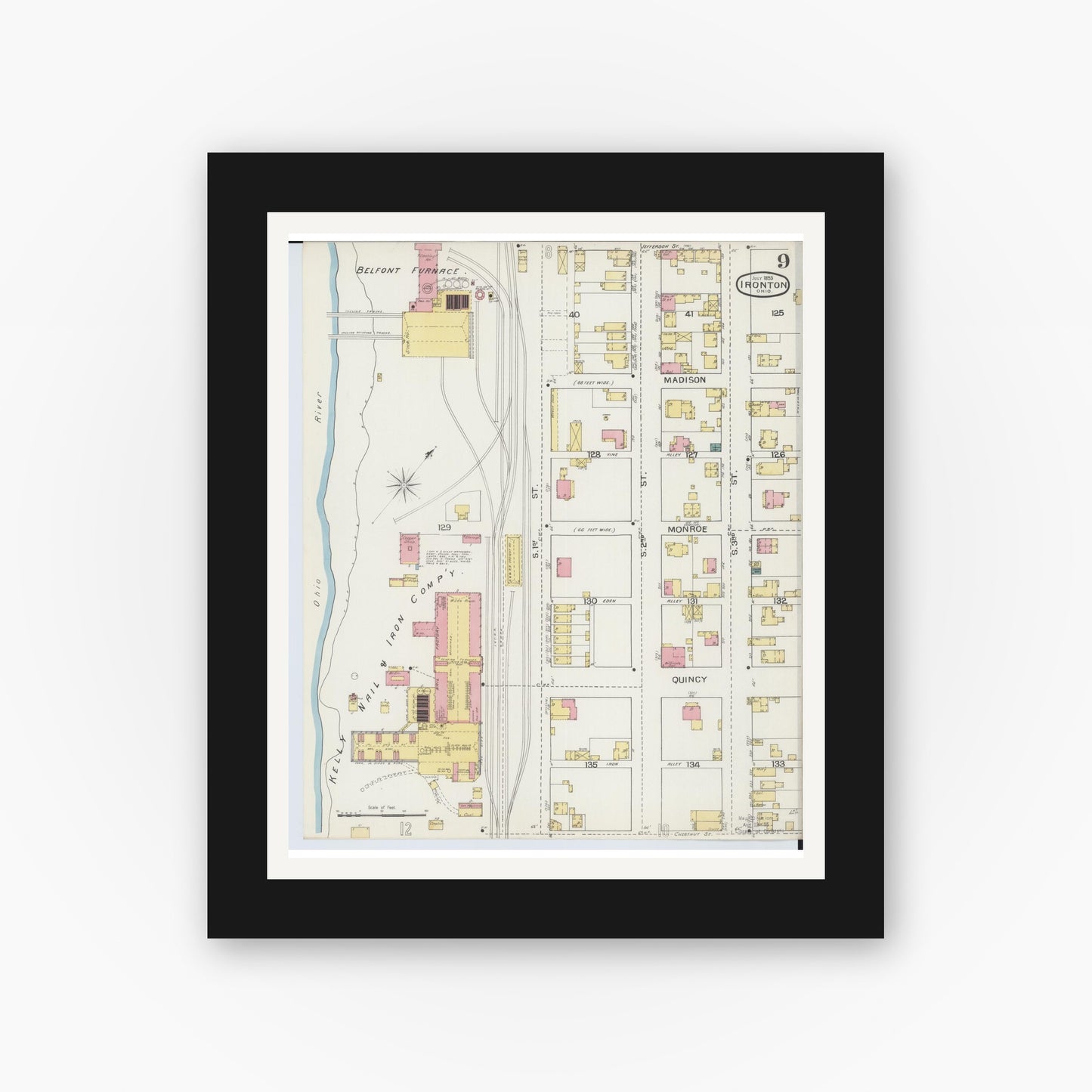 Old map wall art mockup — black gallery frame with white mat — Sanborn Fire Insurance Map from Ironton, Lawrence County, Ohio (1893), Sheet #0009