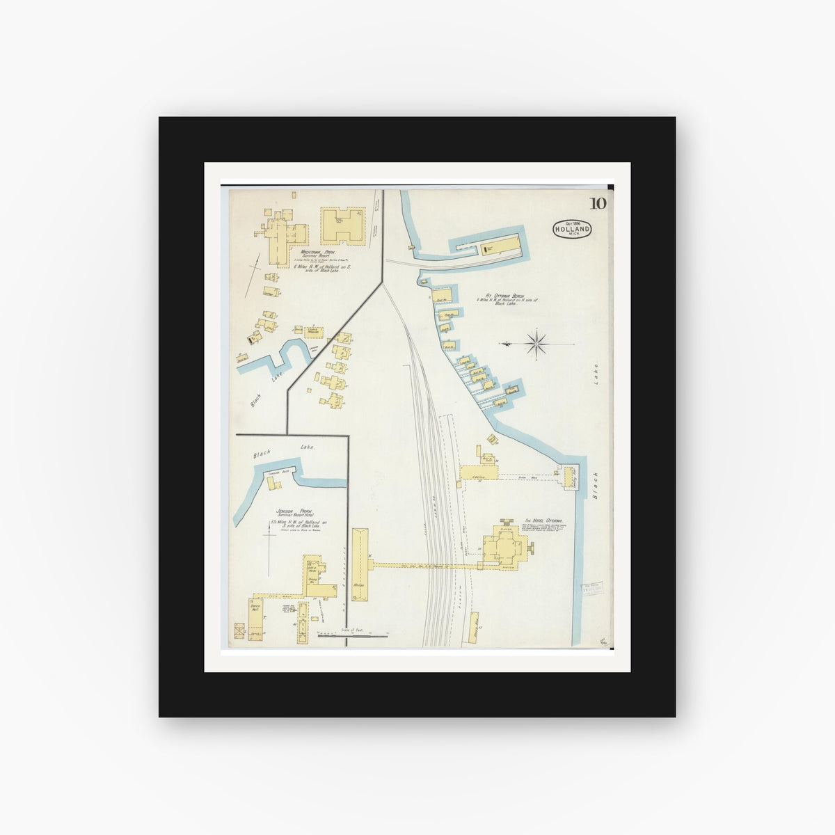 Old map wall art mockup — black gallery frame with white mat — Sanborn Fire Insurance Map from Holland, Ottawa County, Michigan (1896), Sheet #0010
