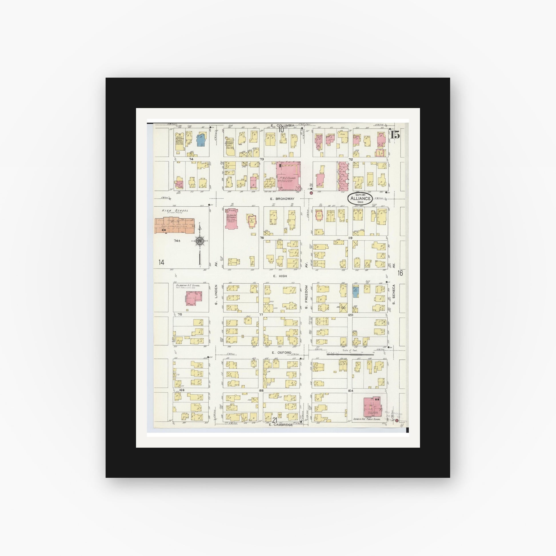 Old map wall art mockup — black gallery frame with white mat — Sanborn Fire Insurance Map from Alliance, Stark County, Ohio (1911), Sheet #0015