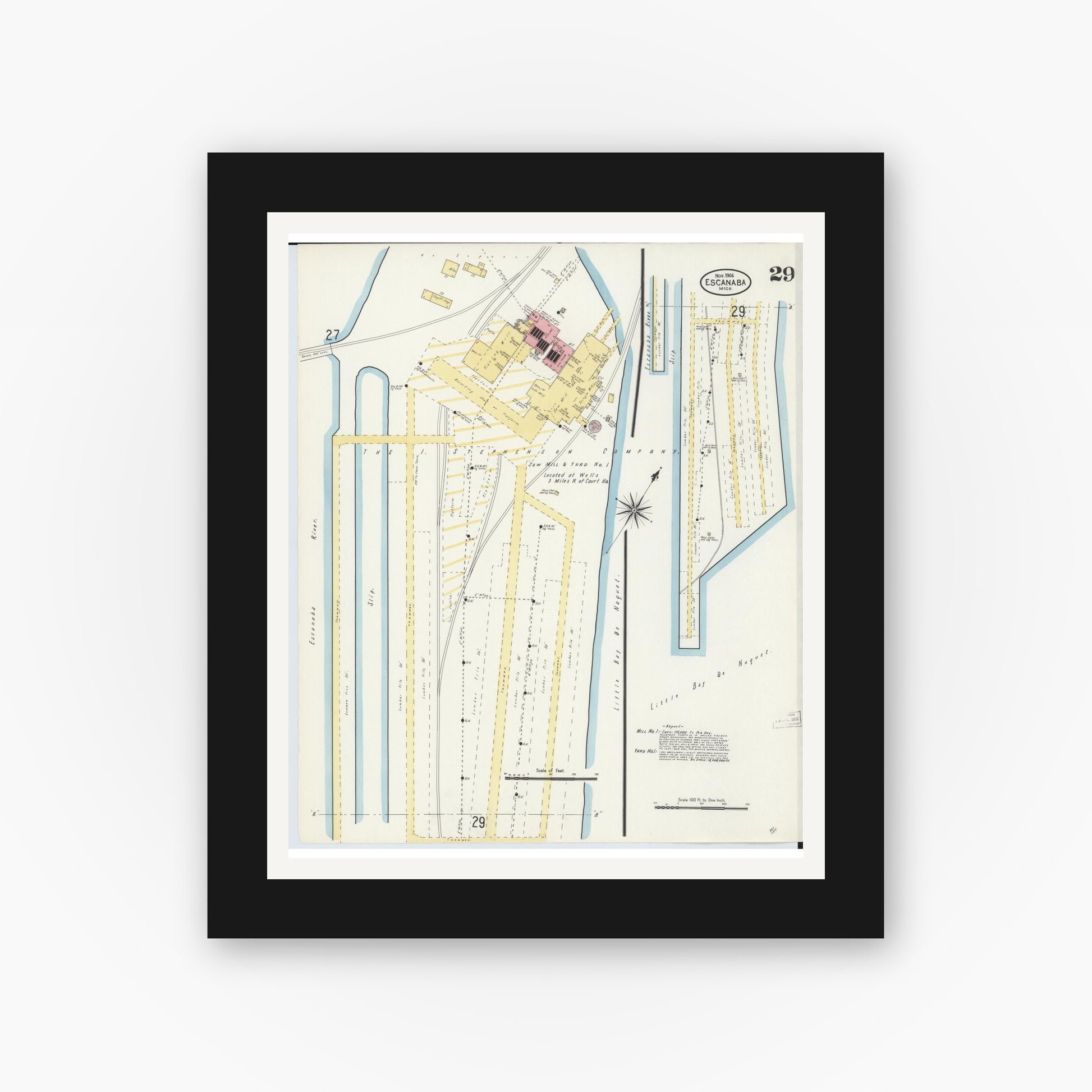 Old map wall art mockup — black gallery frame with white mat — Sanborn Fire Insurance Map from Escanaba, Delta County, Michigan (1906), Sheet #0029