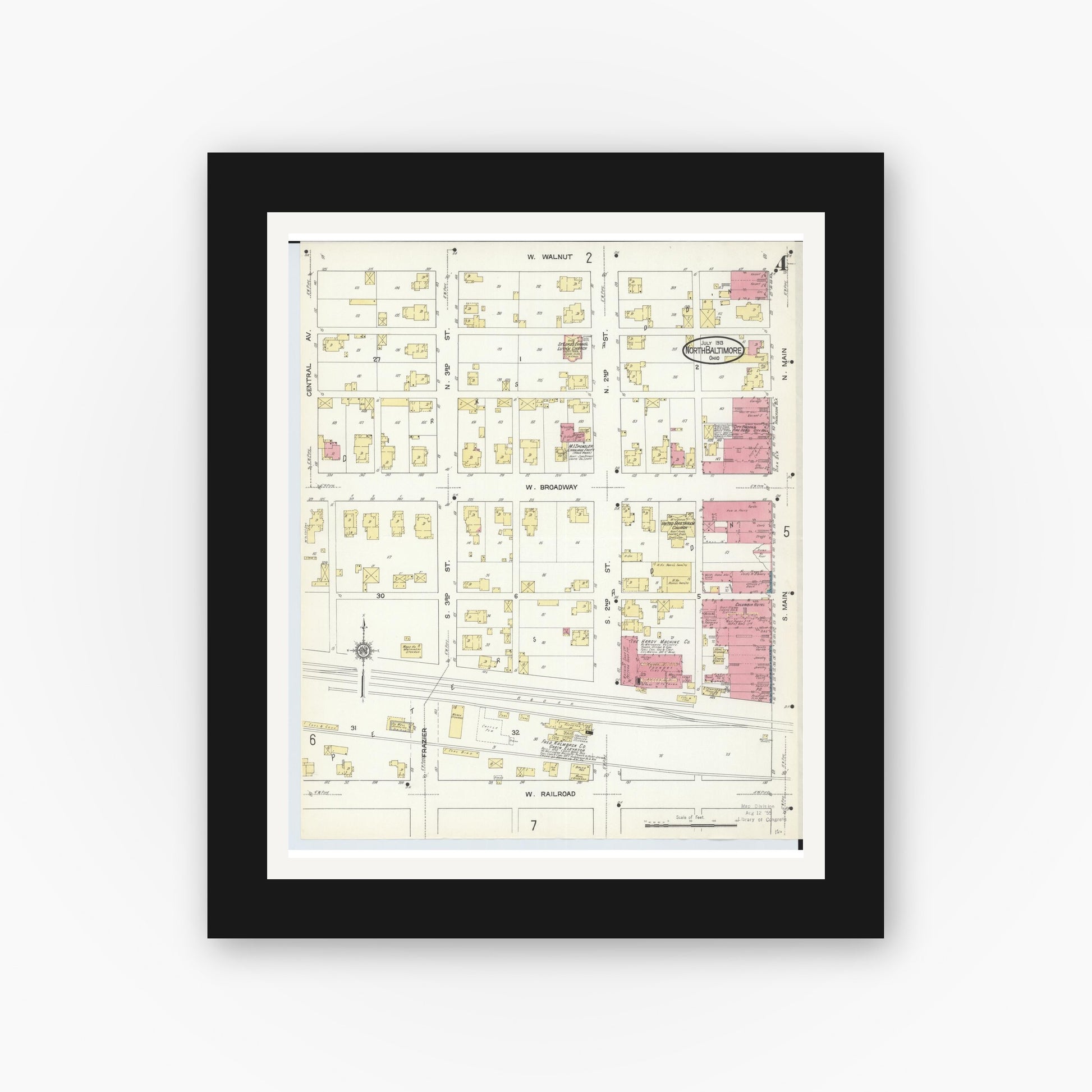 Old map wall art mockup — black gallery frame with white mat — Sanborn Fire Insurance Map from North Baltimore, Wood County, Ohio (1913), Sheet #0004