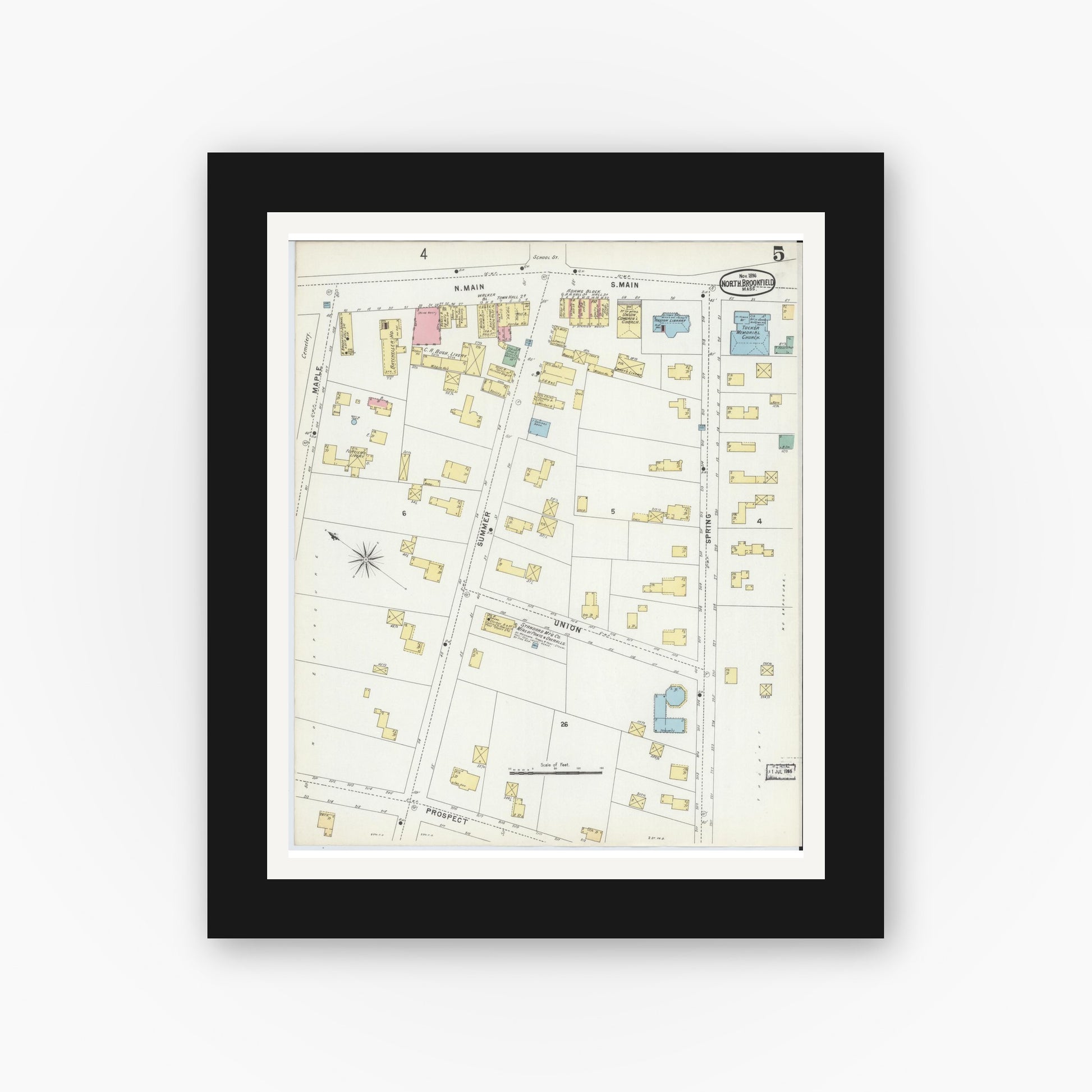 Old map wall art mockup — black gallery frame with white mat — Sanborn Fire Insurance Map from North Brookfield, Worcester County, Massachusetts (1896), Sheet #0005