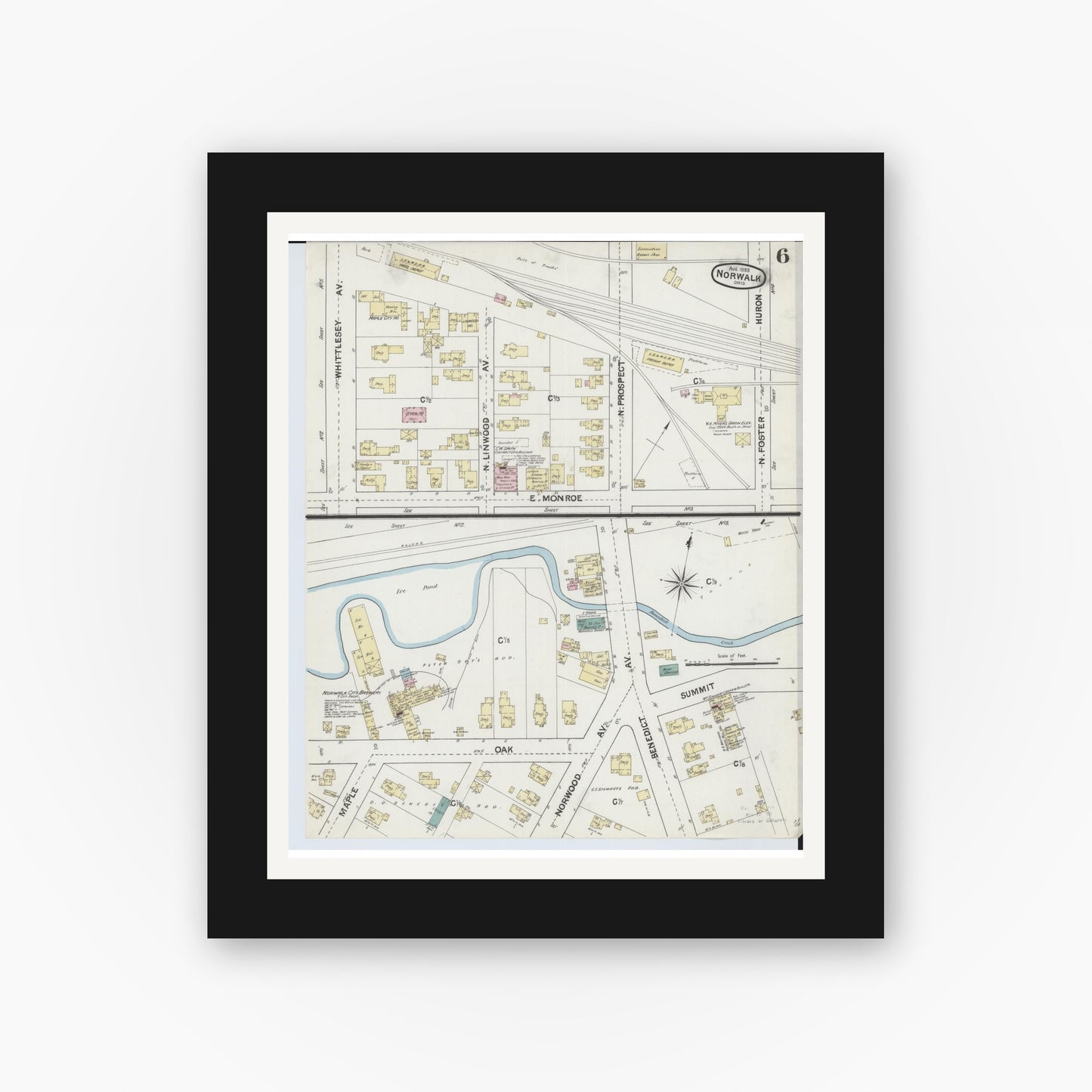 Old map wall art mockup — black gallery frame with white mat — Sanborn Fire Insurance Map from Norwalk, Huron County, Ohio (1888), Sheet #0006