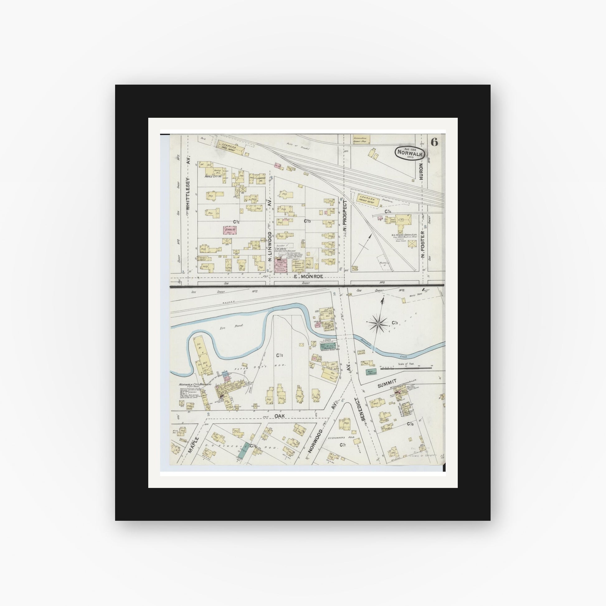 Old map wall art mockup — black gallery frame with white mat — Sanborn Fire Insurance Map from Norwalk, Huron County, Ohio (1888), Sheet #0006
