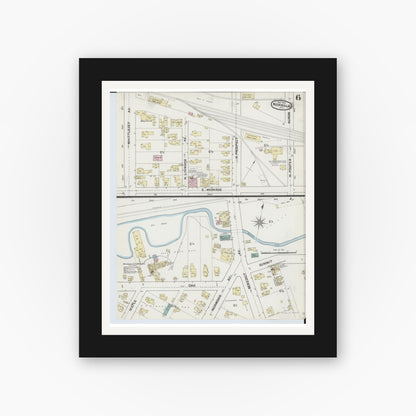 Old map wall art mockup — black gallery frame with white mat — Sanborn Fire Insurance Map from Norwalk, Huron County, Ohio (1888), Sheet #0006