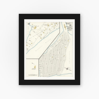 Old map wall art mockup — black gallery frame with white mat — Sanborn Fire Insurance Map from Babylon, Suffolk County, New York (1923), Sheet #0021