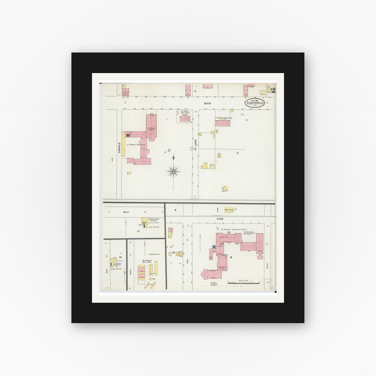 Old map wall art mockup — black gallery frame with white mat — Sanborn Fire Insurance Map from Teutopolis, Effingham County, Illinois (1898), Sheet #0002