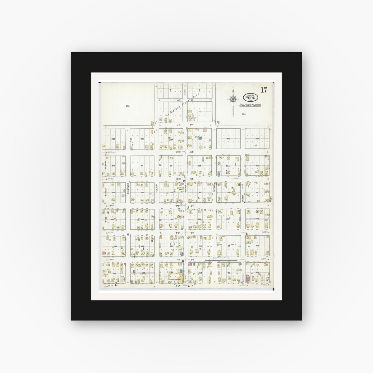 Old map wall art mockup — black gallery frame with white mat — Sanborn Fire Insurance Map from Peru, La Salle County, Illinois (1916), Sheet #0017