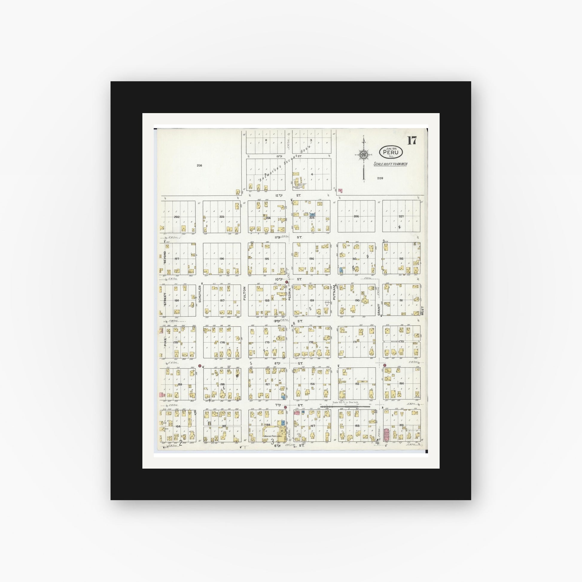 Old map wall art mockup — black gallery frame with white mat — Sanborn Fire Insurance Map from Peru, La Salle County, Illinois (1916), Sheet #0017
