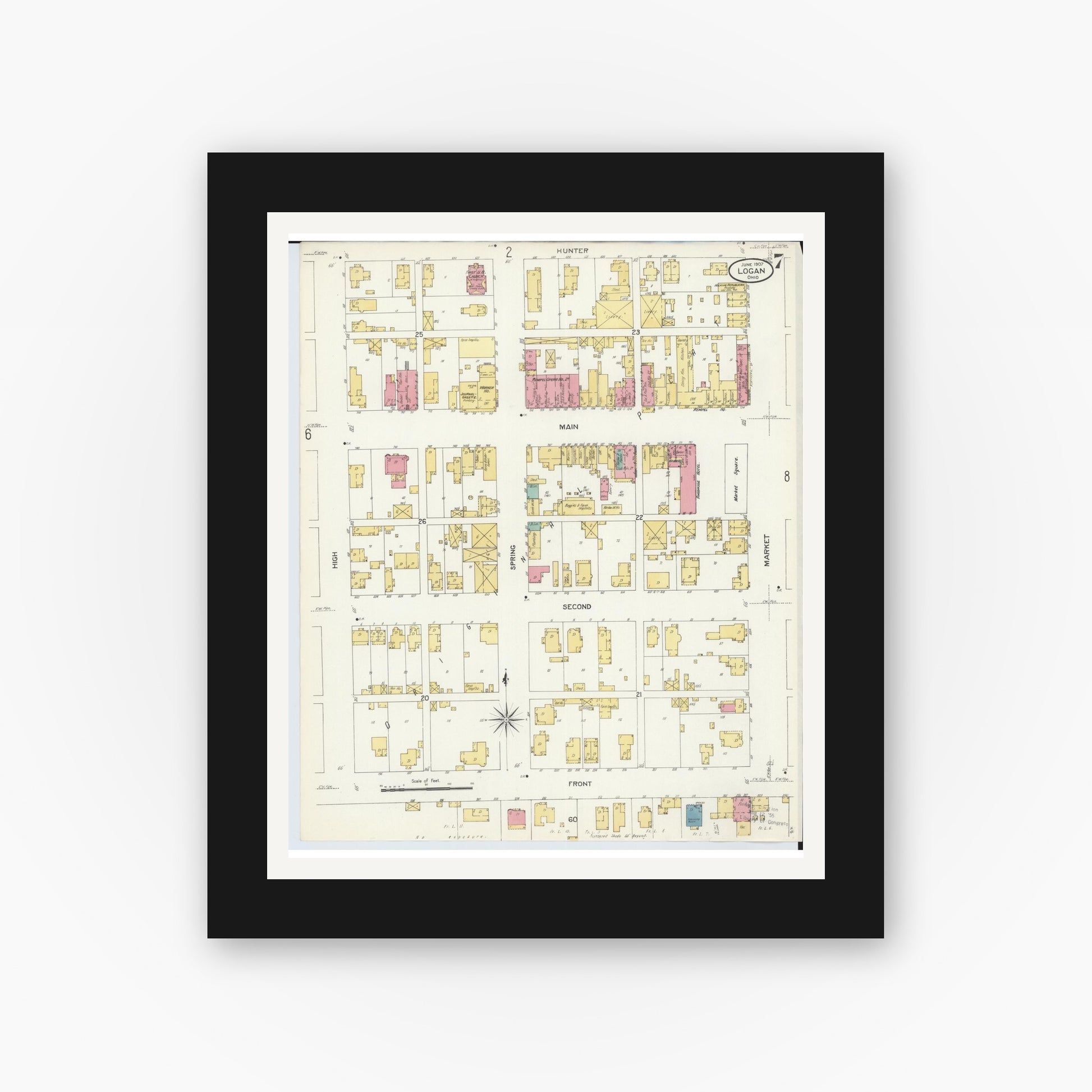 Old map wall art mockup — black gallery frame with white mat — Sanborn Fire Insurance Map from Logan, Hocking County, Ohio (1907), Sheet #0007