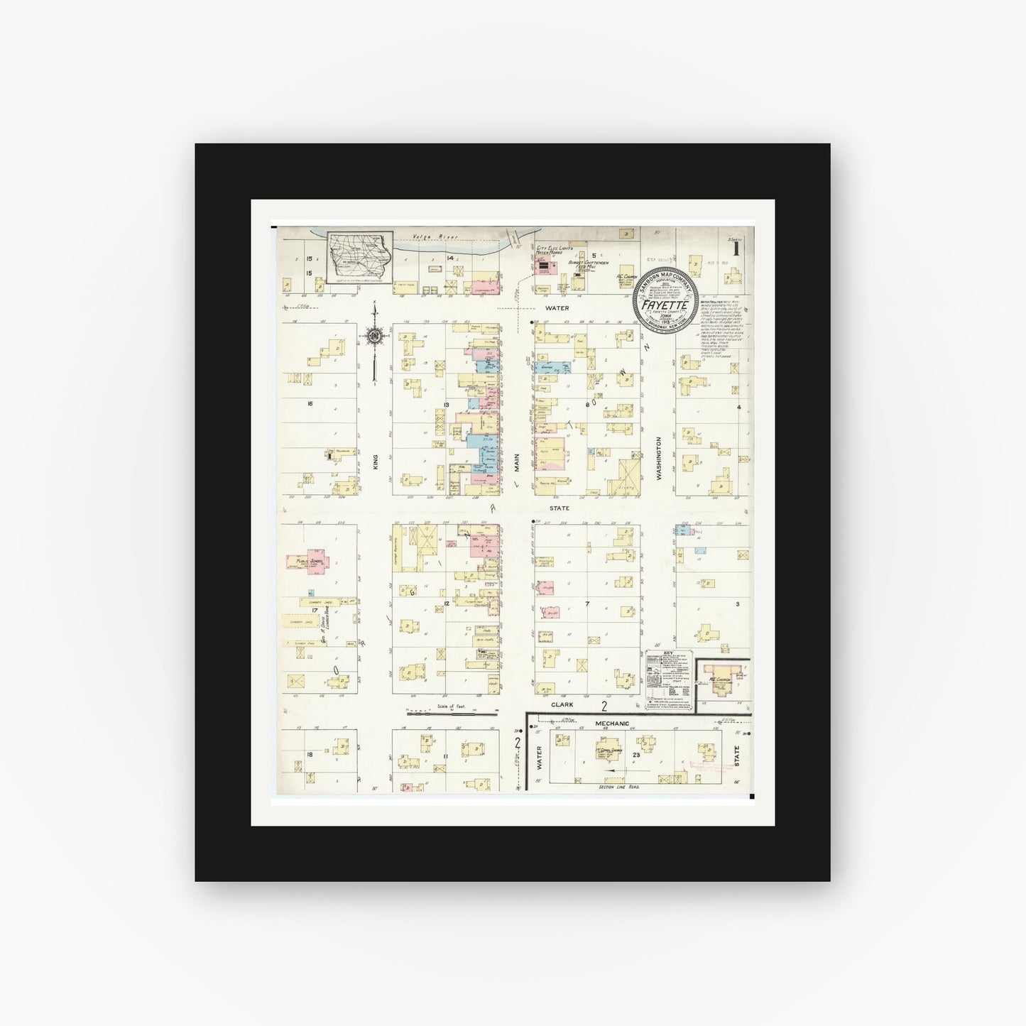 Old map wall art mockup — black gallery frame with white mat — Sanborn Fire Insurance Map from Fayette, Fayette County, Iowa (1913) â€” Complete Set