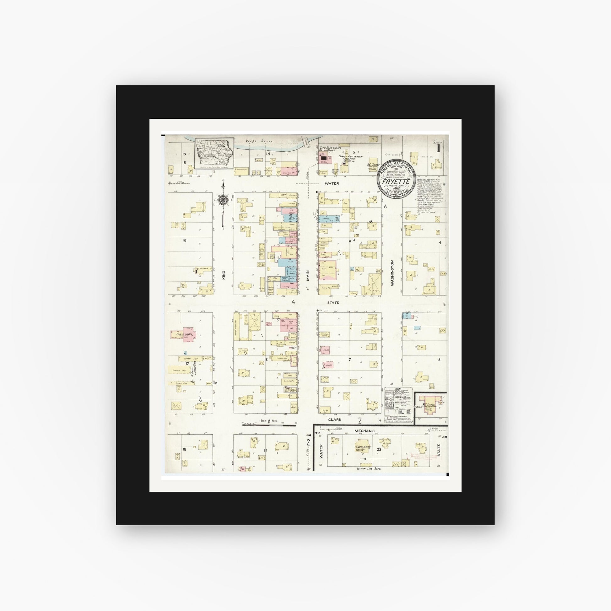 Old map wall art mockup — black gallery frame with white mat — Sanborn Fire Insurance Map from Fayette, Fayette County, Iowa (1913) â€” Complete Set