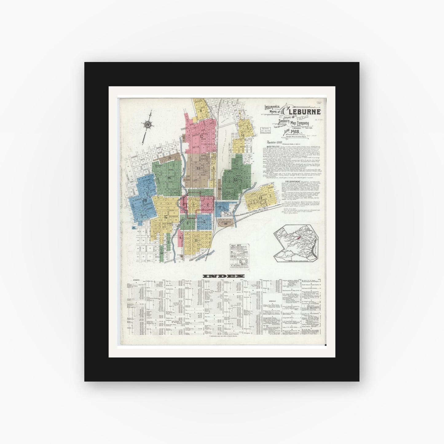 Old map wall art mockup — black gallery frame with white mat — Sanborn Fire Insurance Map from Cleburne, Johnson County, Texas (1918), Sheet #0001