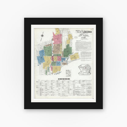 Old map wall art mockup — black gallery frame with white mat — Sanborn Fire Insurance Map from Cleburne, Johnson County, Texas (1918), Sheet #0001