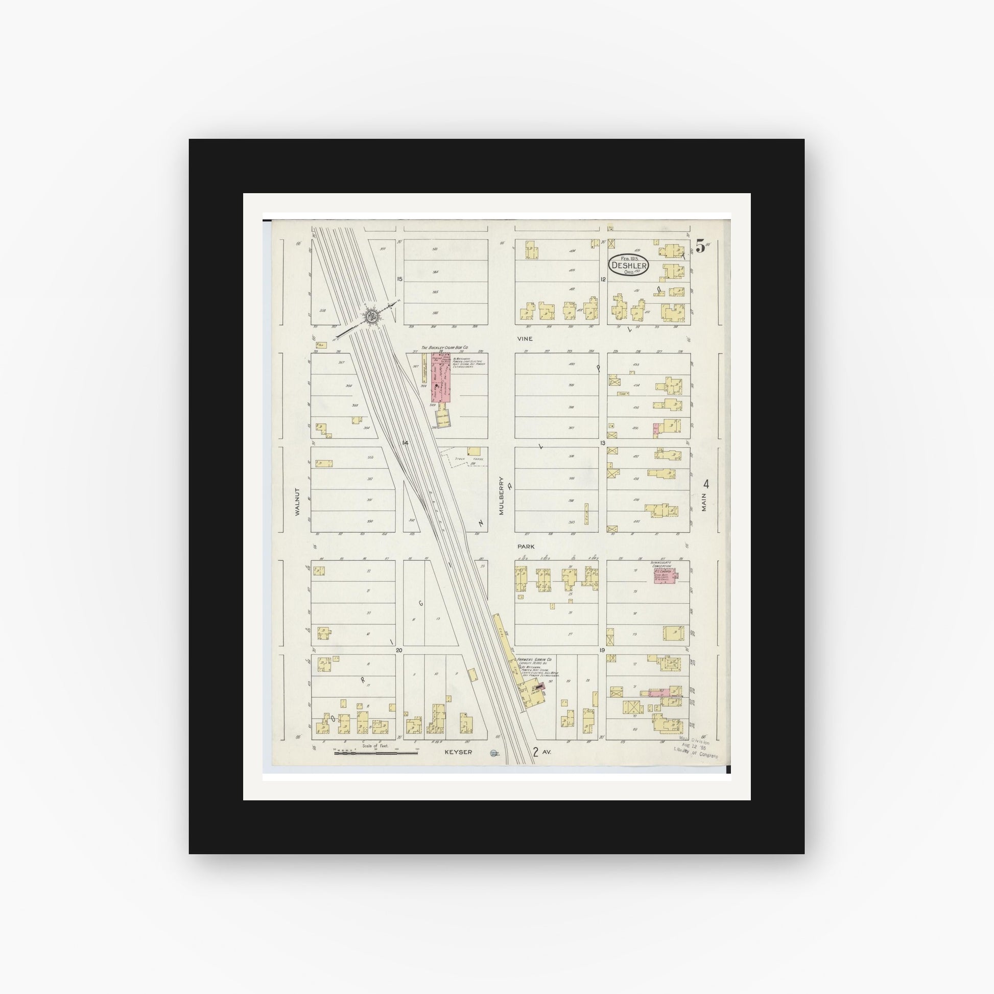 Old map wall art mockup — black gallery frame with white mat — Sanborn Fire Insurance Map from Deshler, Henry County, Ohio (1915), Sheet #0005