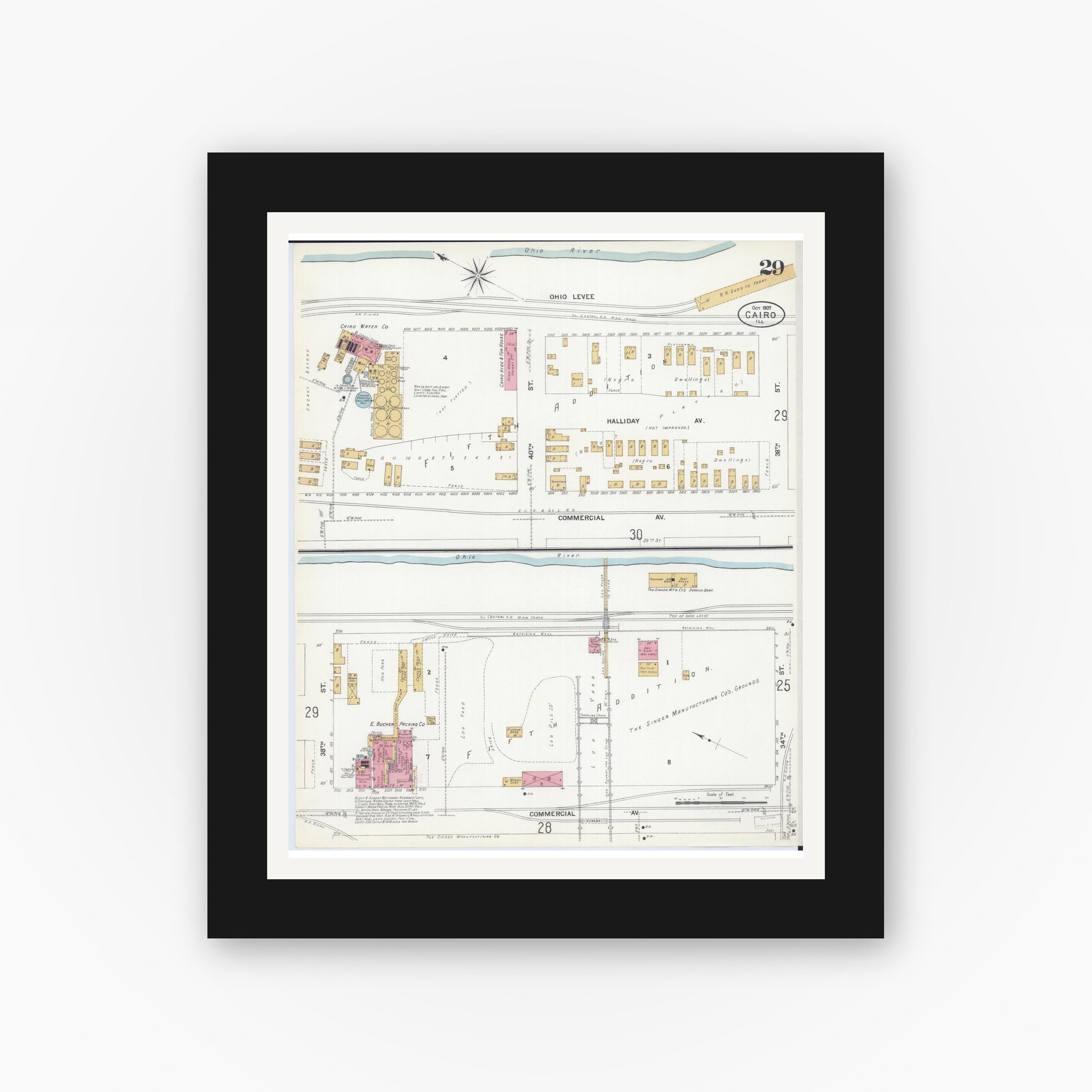 Old map wall art mockup — black gallery frame with white mat — Sanborn Fire Insurance Map from Cairo, Alexander County, Illinois (1907), Sheet #0029