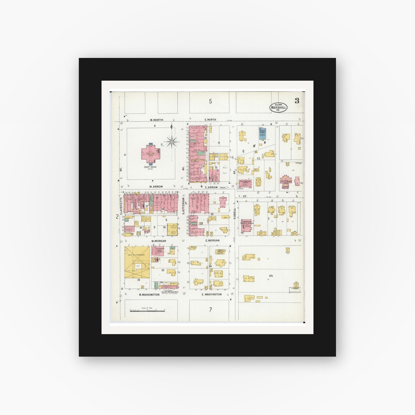 Old map wall art mockup — black gallery frame with white mat — Sanborn Fire Insurance Map from Marshall, Saline County, Missouri (1900), Sheet #0003