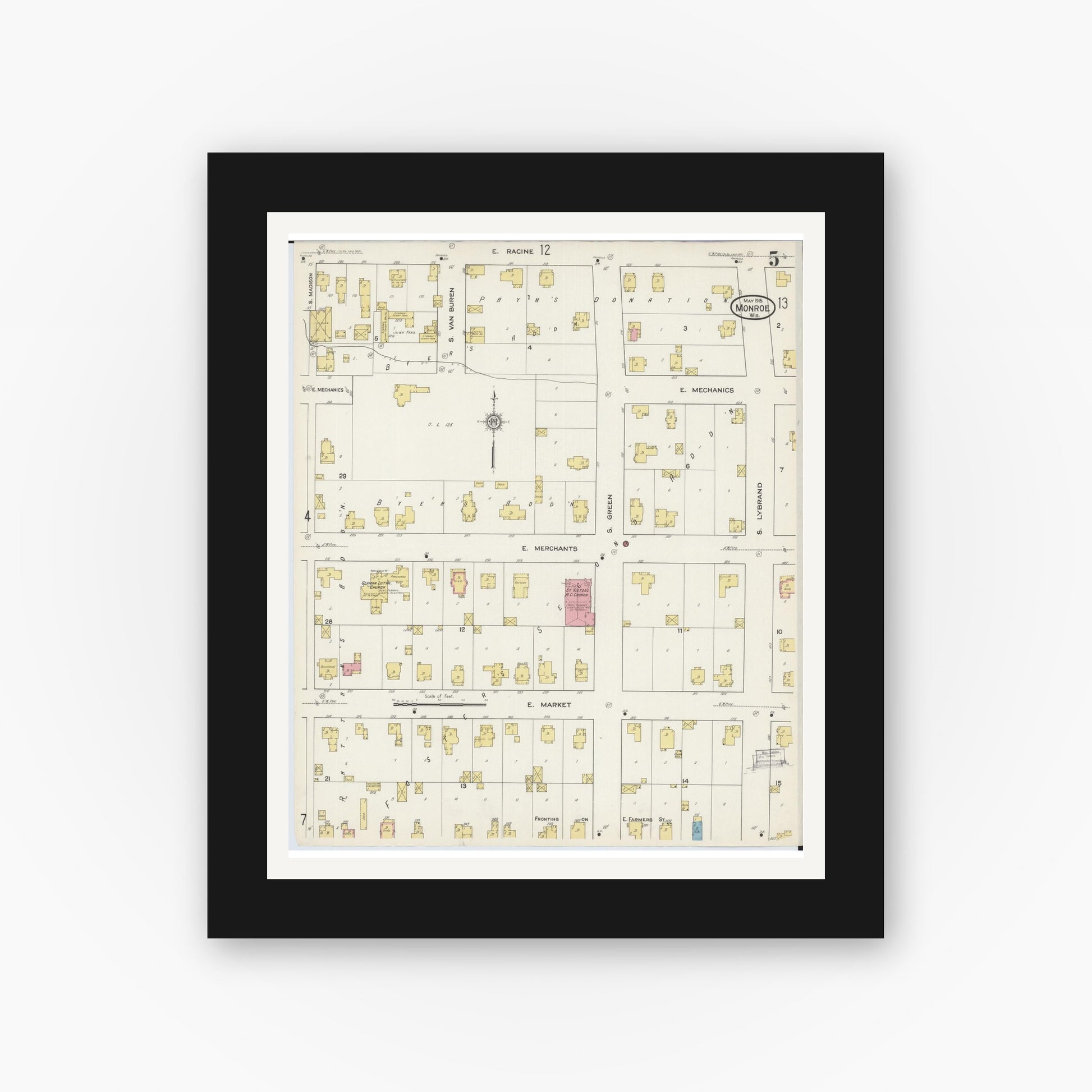 Old map wall art mockup — black gallery frame with white mat — Sanborn Fire Insurance Map from Monroe, Green County, Wisconsin (1915), Sheet #0005