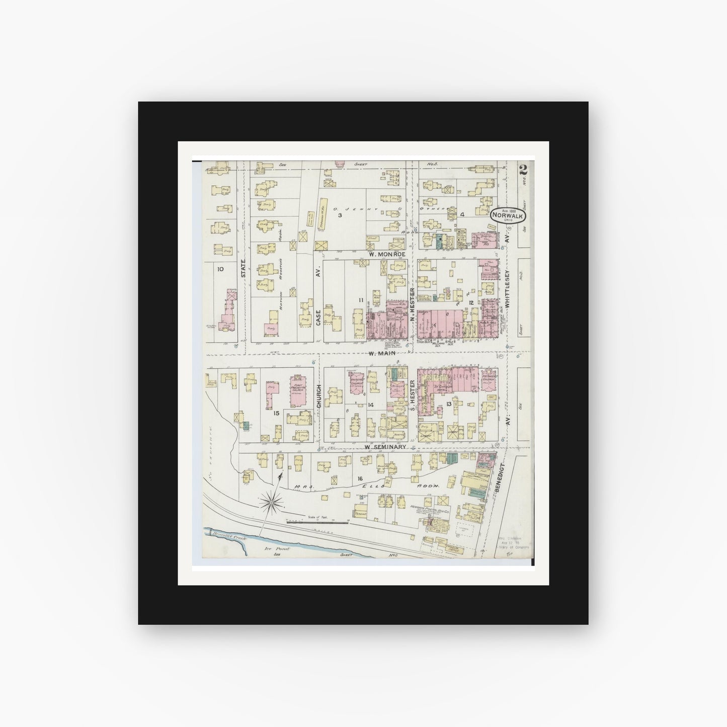 Old map wall art mockup — black gallery frame with white mat — Sanborn Fire Insurance Map from Norwalk, Huron County, Ohio (1888), Sheet #0002