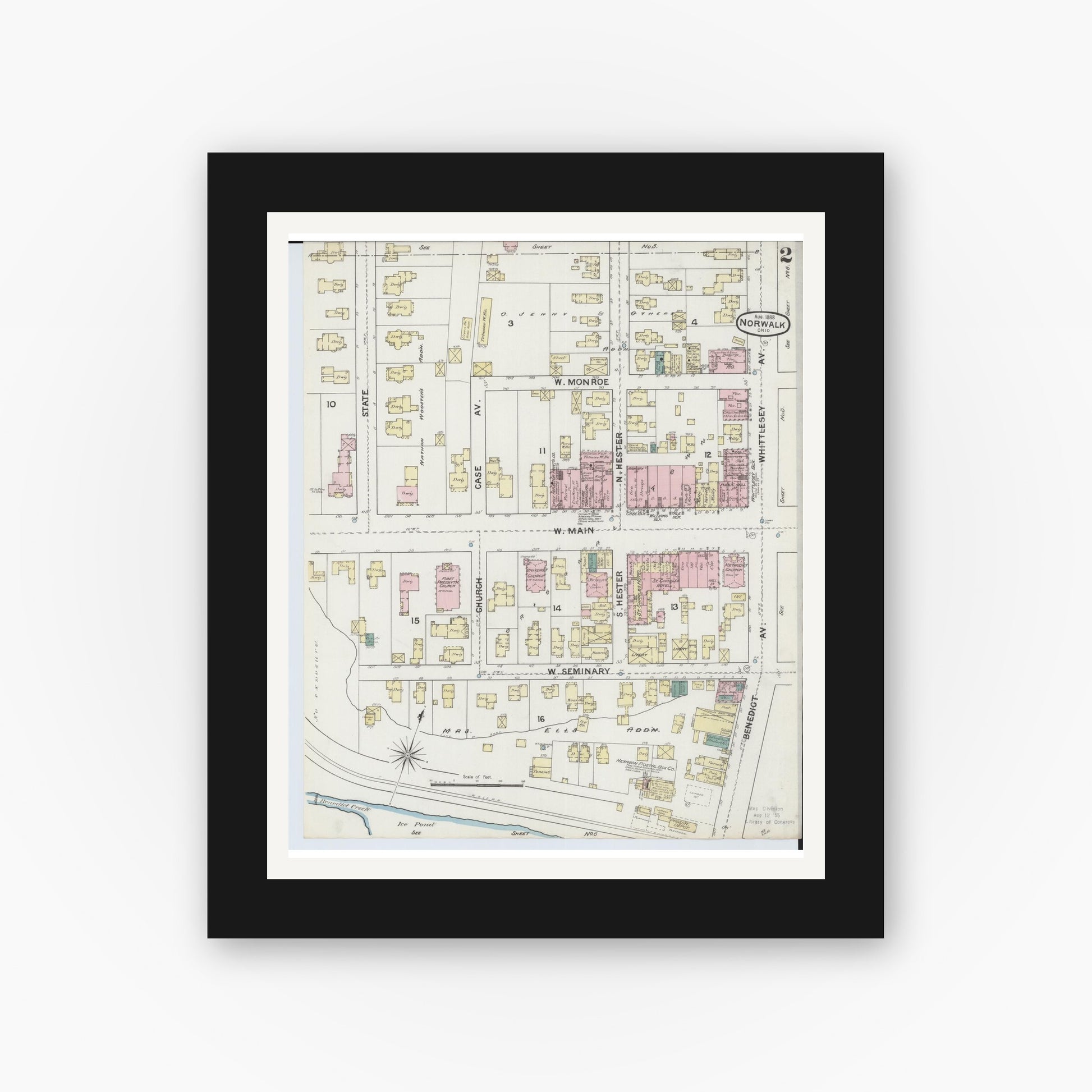 Old map wall art mockup — black gallery frame with white mat — Sanborn Fire Insurance Map from Norwalk, Huron County, Ohio (1888), Sheet #0002