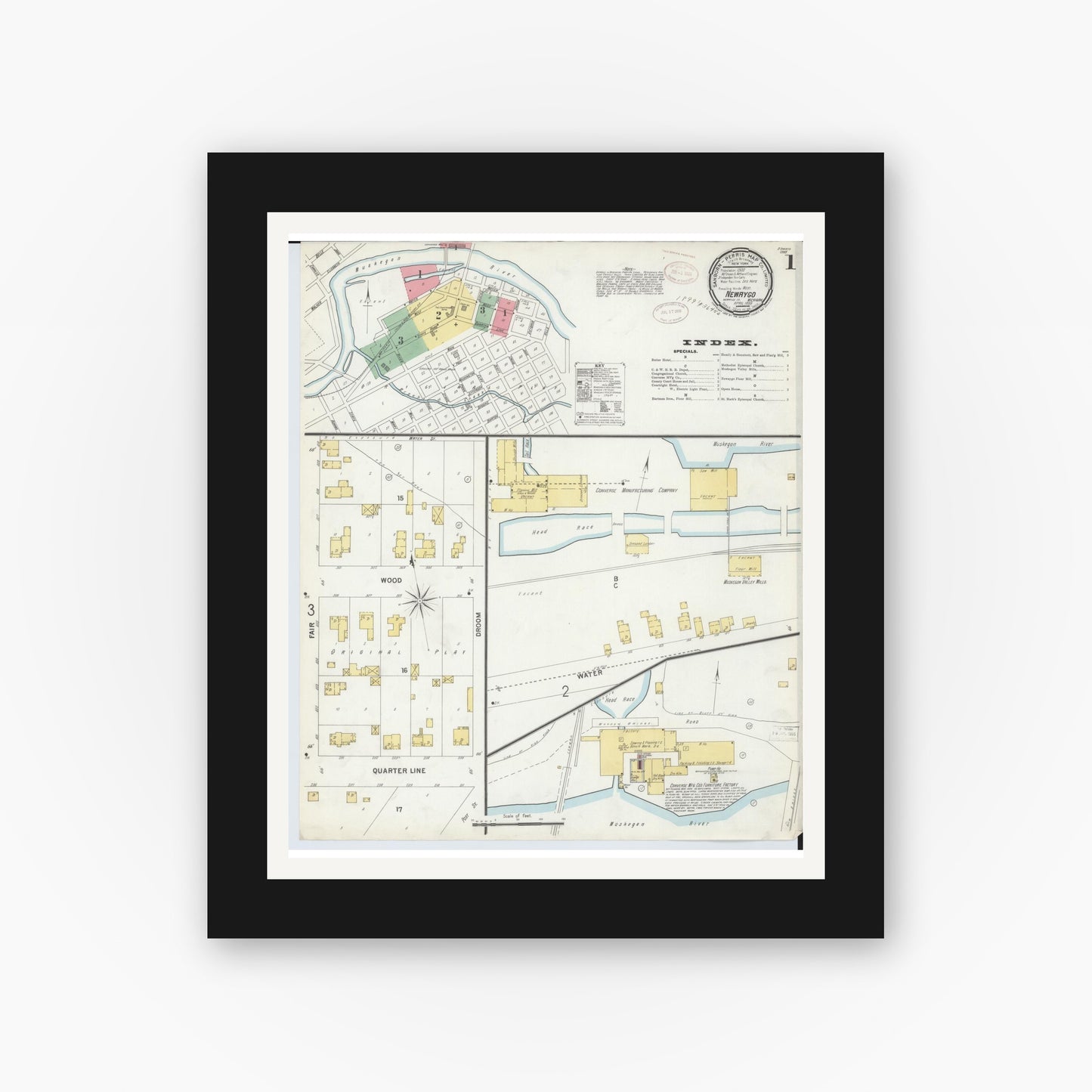 Old map wall art mockup — black gallery frame with white mat — Sanborn Fire Insurance Map from Newaygo, Newaygo County, Michigan (1899) - Complete Map Set