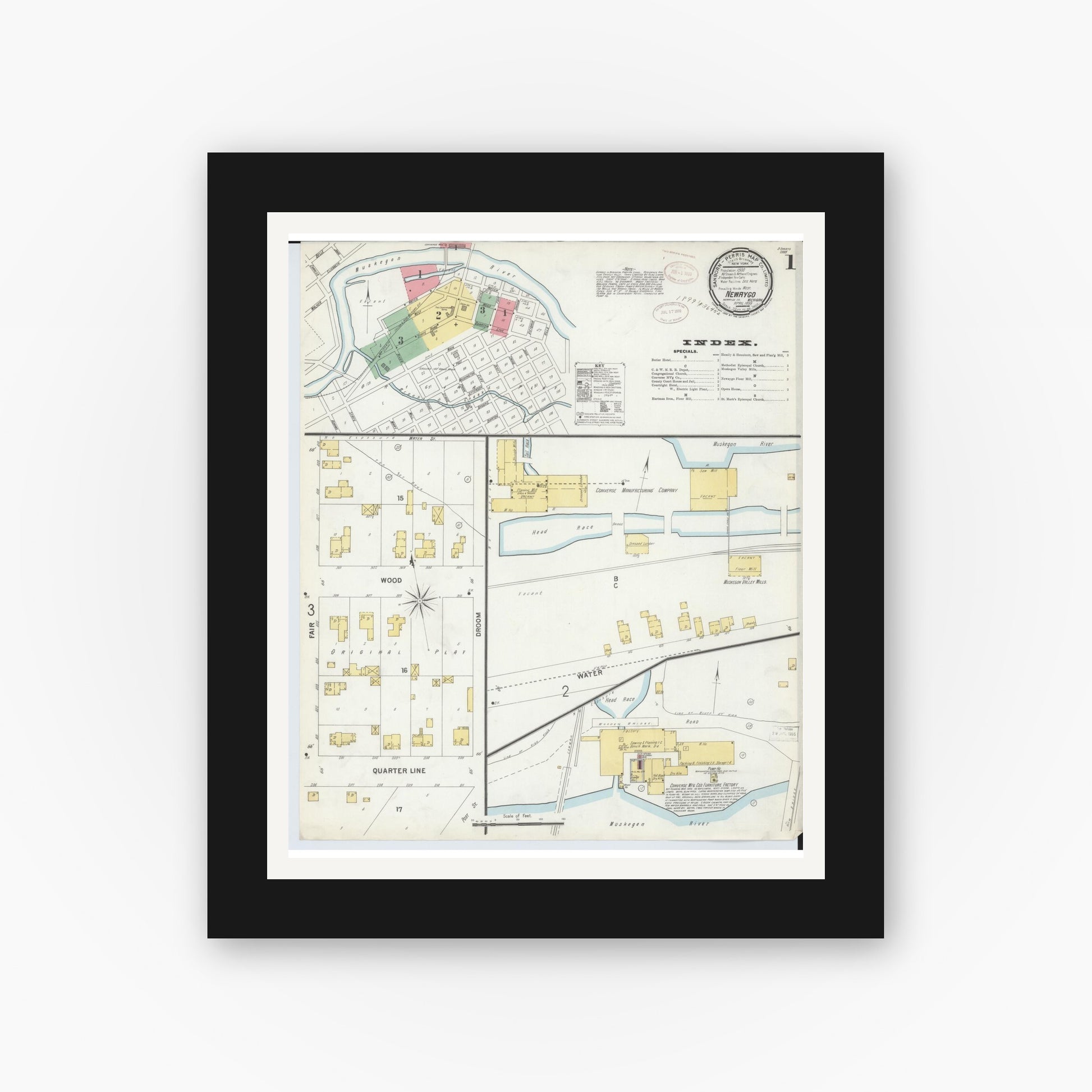 Old map wall art mockup — black gallery frame with white mat — Sanborn Fire Insurance Map from Newaygo, Newaygo County, Michigan (1899) - Complete Map Set